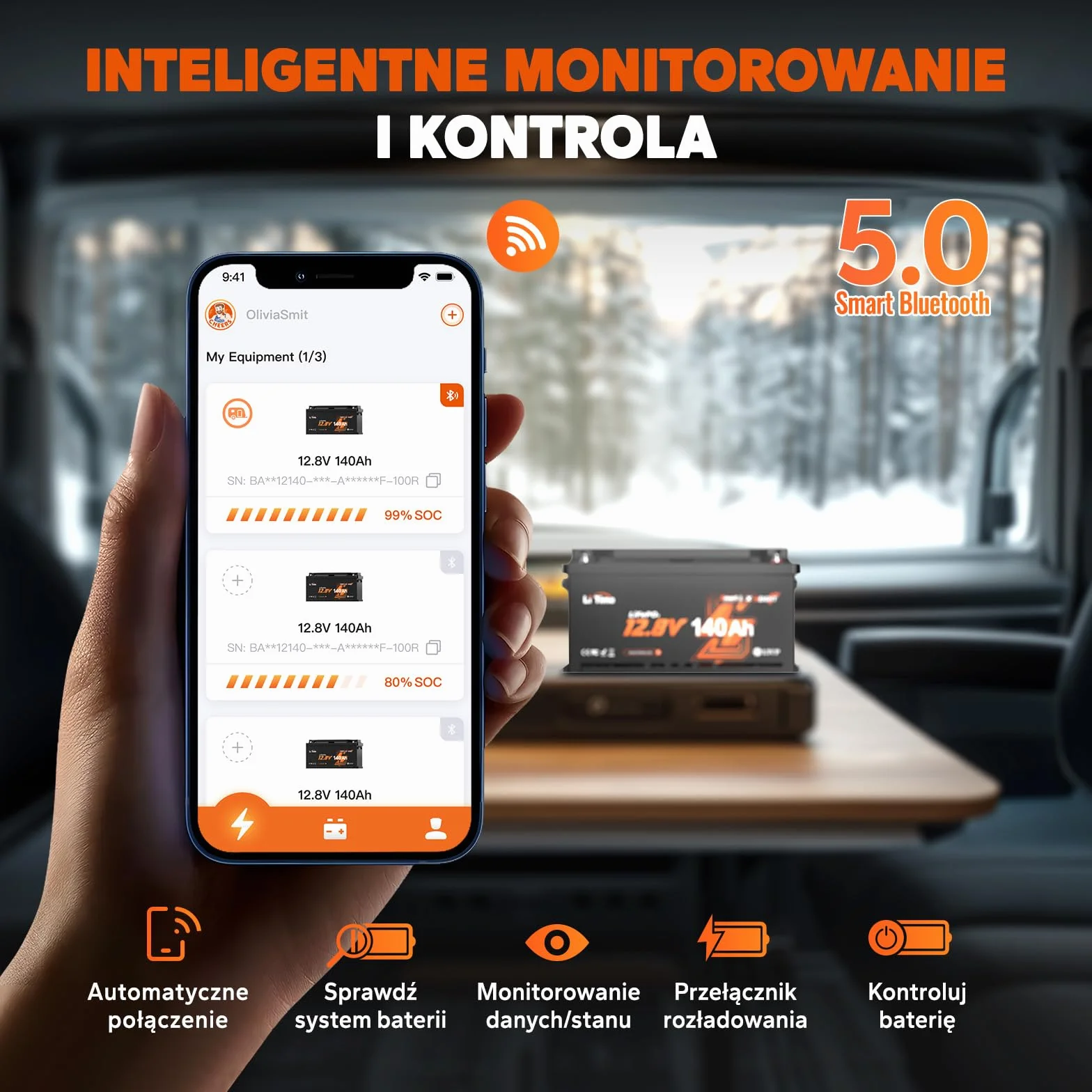 LiTime Bateria 12V 140Ah W190 LiFePO4 Bluetooth z ochroną przed niskimi temperaturami i 100A BMS, Ponad 4000 Cykli, Idealna Do Kamperów Wymiar DIN H8 L5 GROUP49