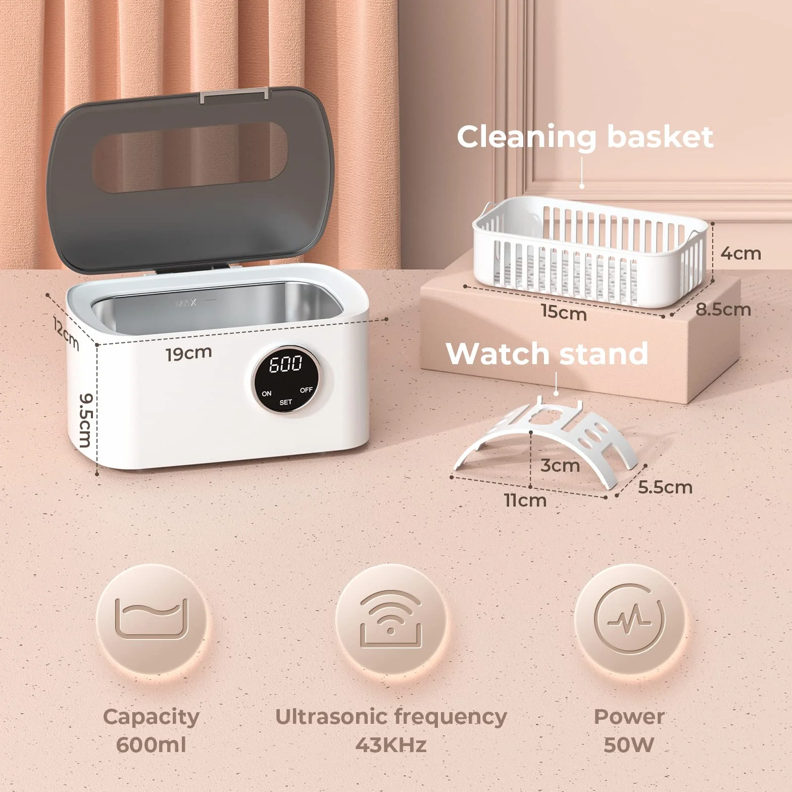 Ultrasonic Cleaner Ultradźwiękowe urządzenie czyszczące, ultrasoniczna myjka z 5 funkcjami czasowymi i cyfrowym wyświetlaczem, 600 ml, do okularów, biżuterii, zegarków, protez, plastik