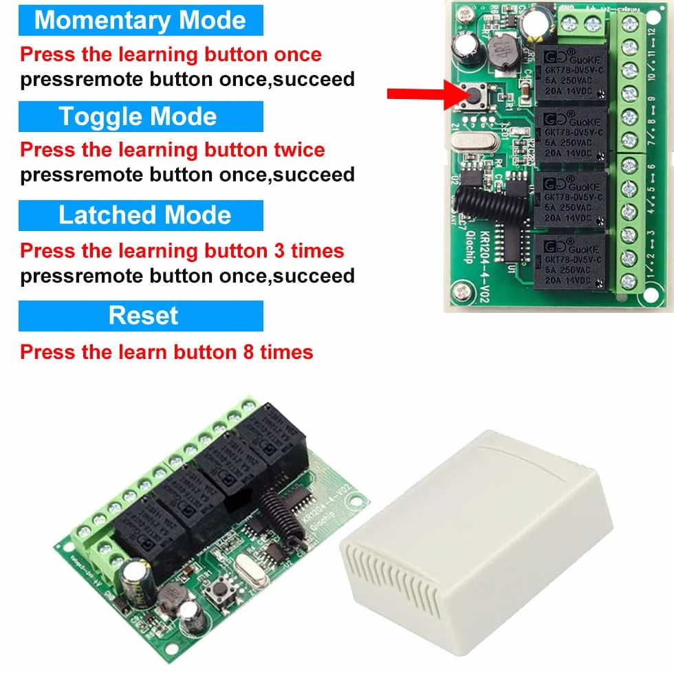 QIACHIP Przełącznik zdalnego sterowania DC 12 V, 24 V, 4CH 433 Mhz RF, moduł odbiornika bezprzewodowego z 4 nadajnikami, do bagażnika ciężarówki, silnika, garażu, zamka elektrycznego
