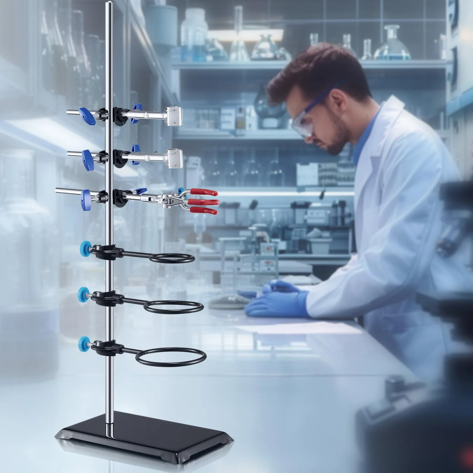 VEVOR Stojak laboratoryjny, zestaw stojaków laboratoryjnych, stalowy stojak laboratoryjny o średnicy 60 cm i żeliwna podstawa 21 cm x 14,5 cm, zawiera zaciski do piersi, zacisk do biurety i zaciski