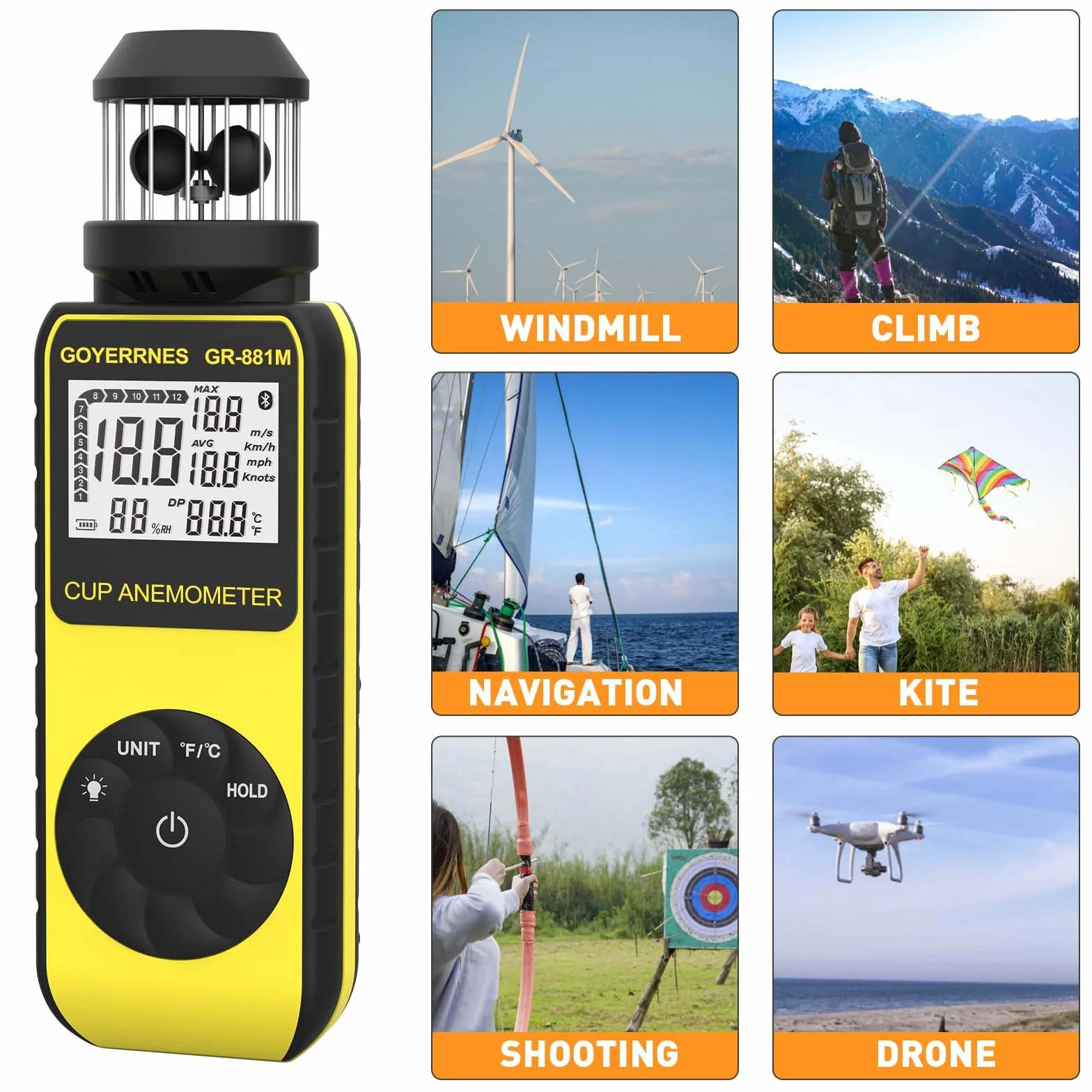 Cyfrowy anemometr ręczny z wiatromierzem, przenośny miernik prędkości 881 m, z kompasem
