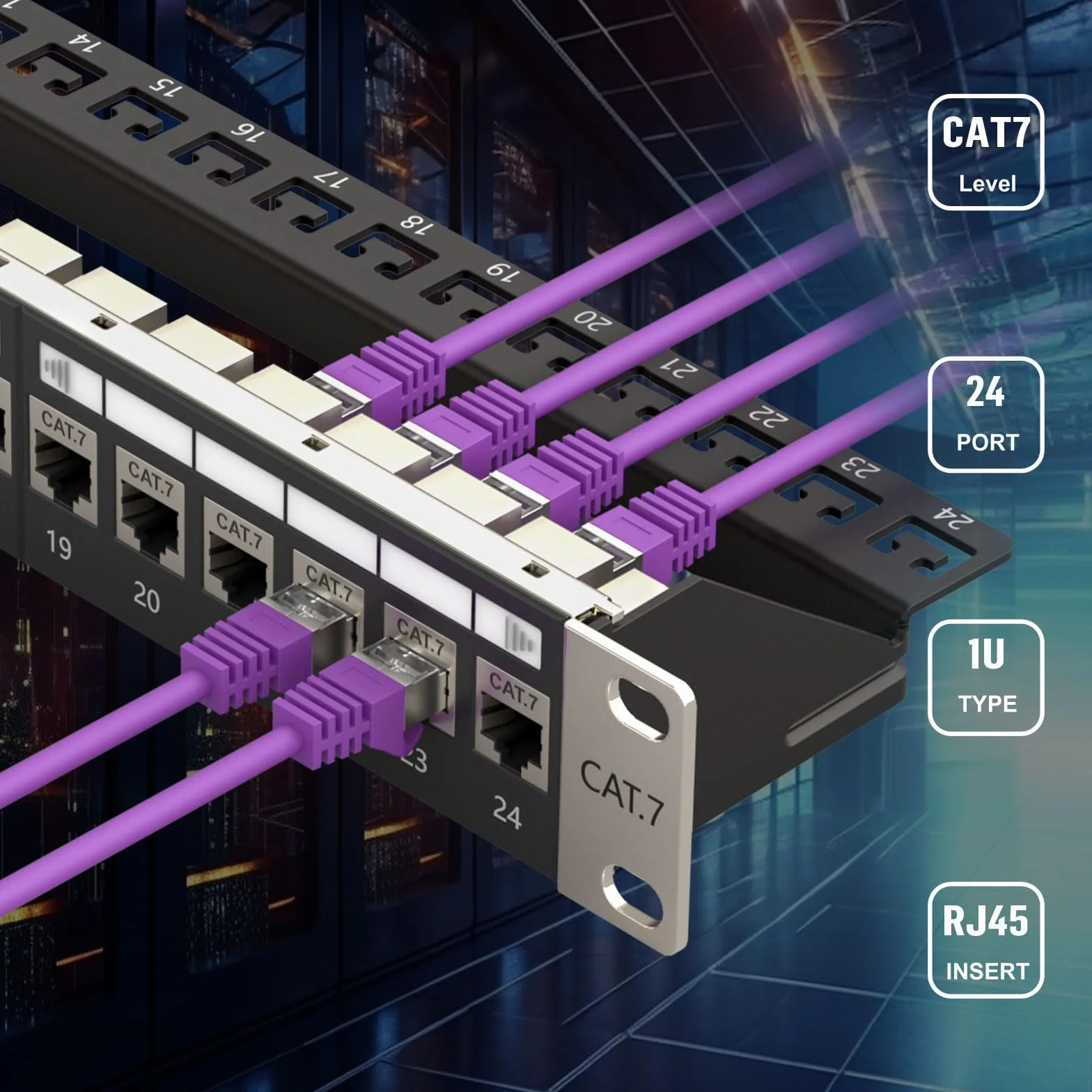 FGB 24-portowy panel krosowy 10 Gb/s 1U i ekranowany łącznik Keystone Cat7 RJ45, 48.3 cm do montażu w szafie lub na ścianie panel krosowy z tylnym paskiem, sieciowy panel krosowy do gigabitowego