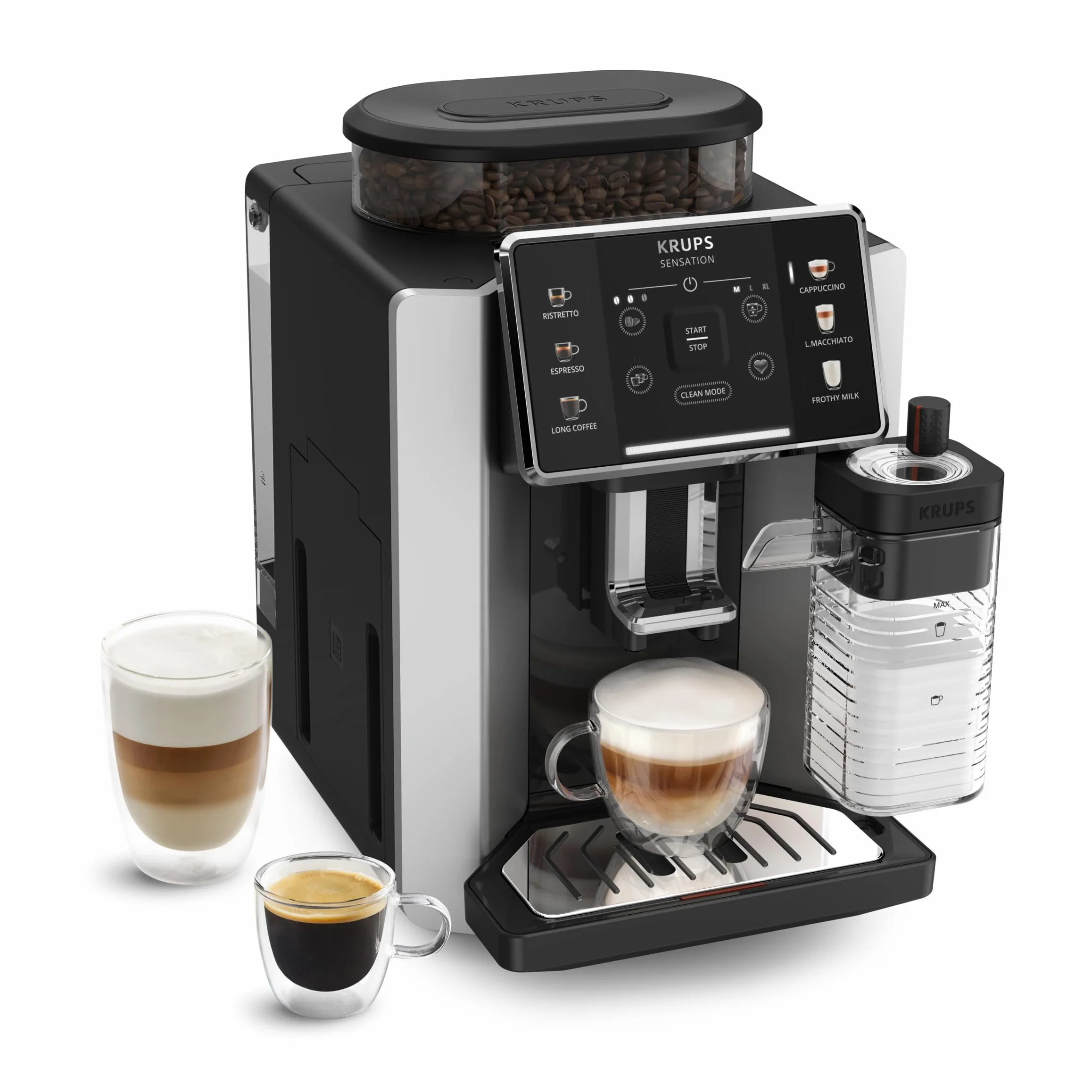 KRUPS EA912E Ekspres automatyczny SENSATION MILK M50 System Milk Maestro, 6 rodzajów kawy, wyświetlacz LED, system Thermoblock, automatyczne czyszczenie tabletką, stalowy młynek, czarno-srebrny