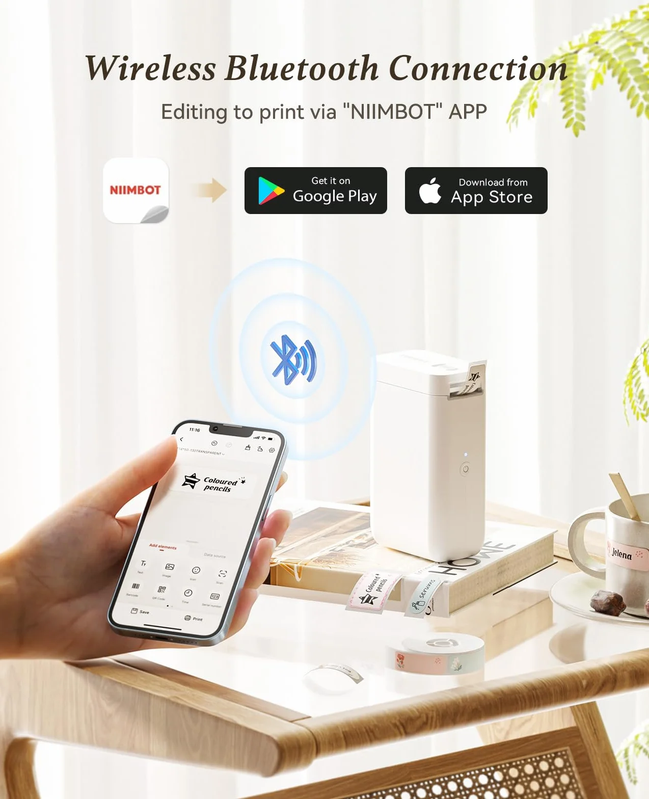NIIMBOT D101 drukarka etykiet z 1 rolką taśmy startowej, przenośna, inteligentna drukarka naklejek do użytku w domu, biurze, szkole
