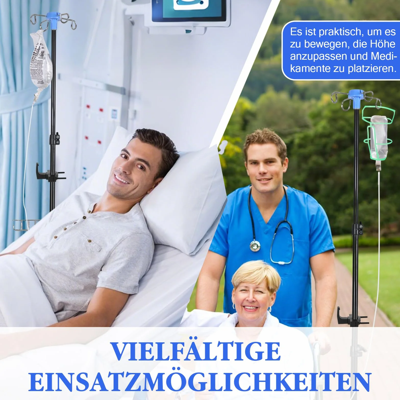 Stojak na infuzję z rolkami i haczykami, składany, z regulacją wysokości, stojak IV z 4 haczykami i 3 kółkami, przenośny stojak na infuzję do szpitala, pielęgnacji domu i w podróży (z haczykiem do