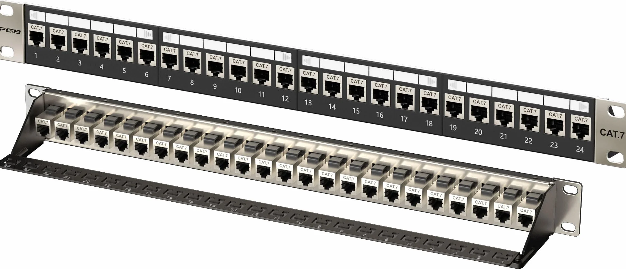 FGB 24-portowy panel krosowy 10 Gb/s 1U i ekranowany łącznik Keystone Cat7 RJ45, 48.3 cm do montażu w szafie lub na ścianie panel krosowy z tylnym paskiem, sieciowy panel krosowy do gigabitowego