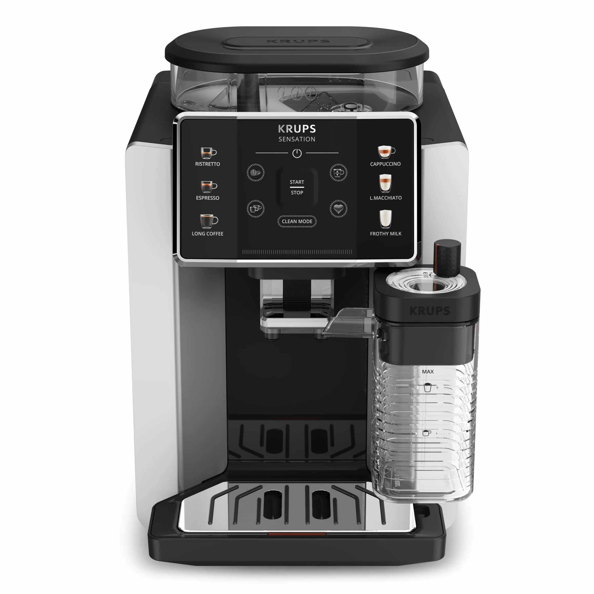 KRUPS EA912E Ekspres automatyczny SENSATION MILK M50 System Milk Maestro, 6 rodzajów kawy, wyświetlacz LED, system Thermoblock, automatyczne czyszczenie tabletką, stalowy młynek, czarno-srebrny