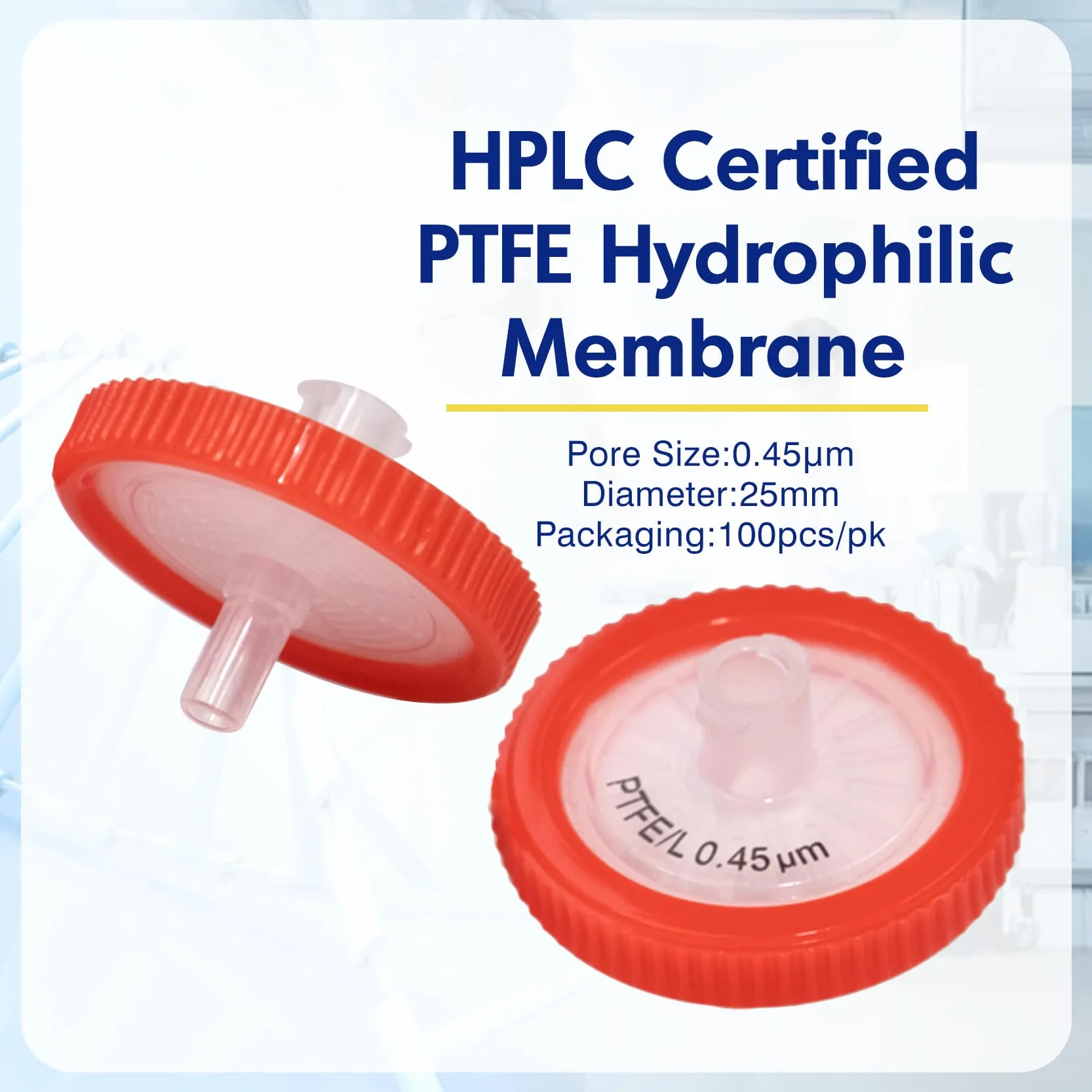 100 sztuk PTFE filtr strzykawkowy hydrofilowy 0,45 μm, średnica membrany 25 mm, filtr strzykawkowy z filtrem laboratoryjnym, HPLC i GC