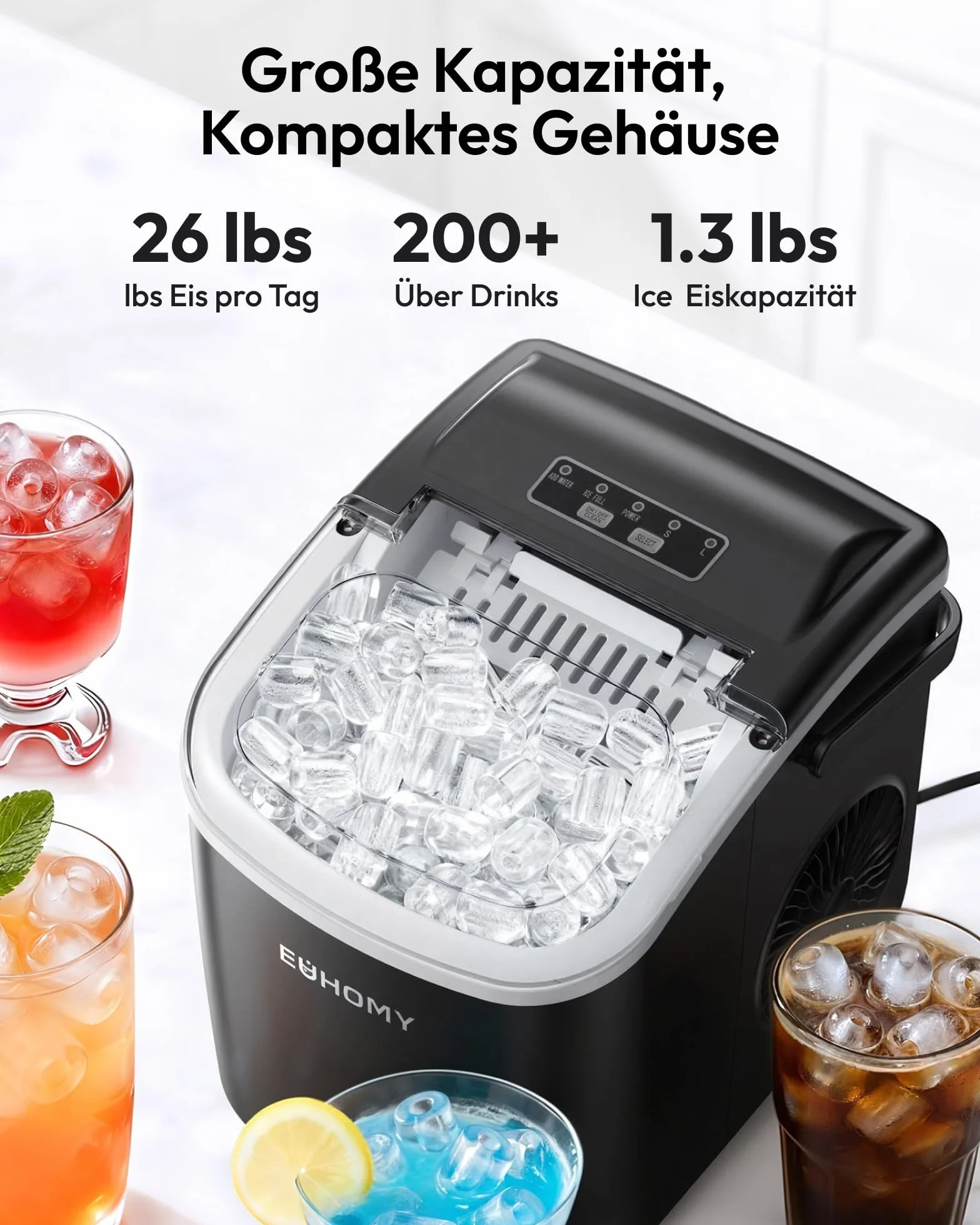 Euhomy DE-IM06D-08G Kostkarka do Lodu, Czarny, 1.2L