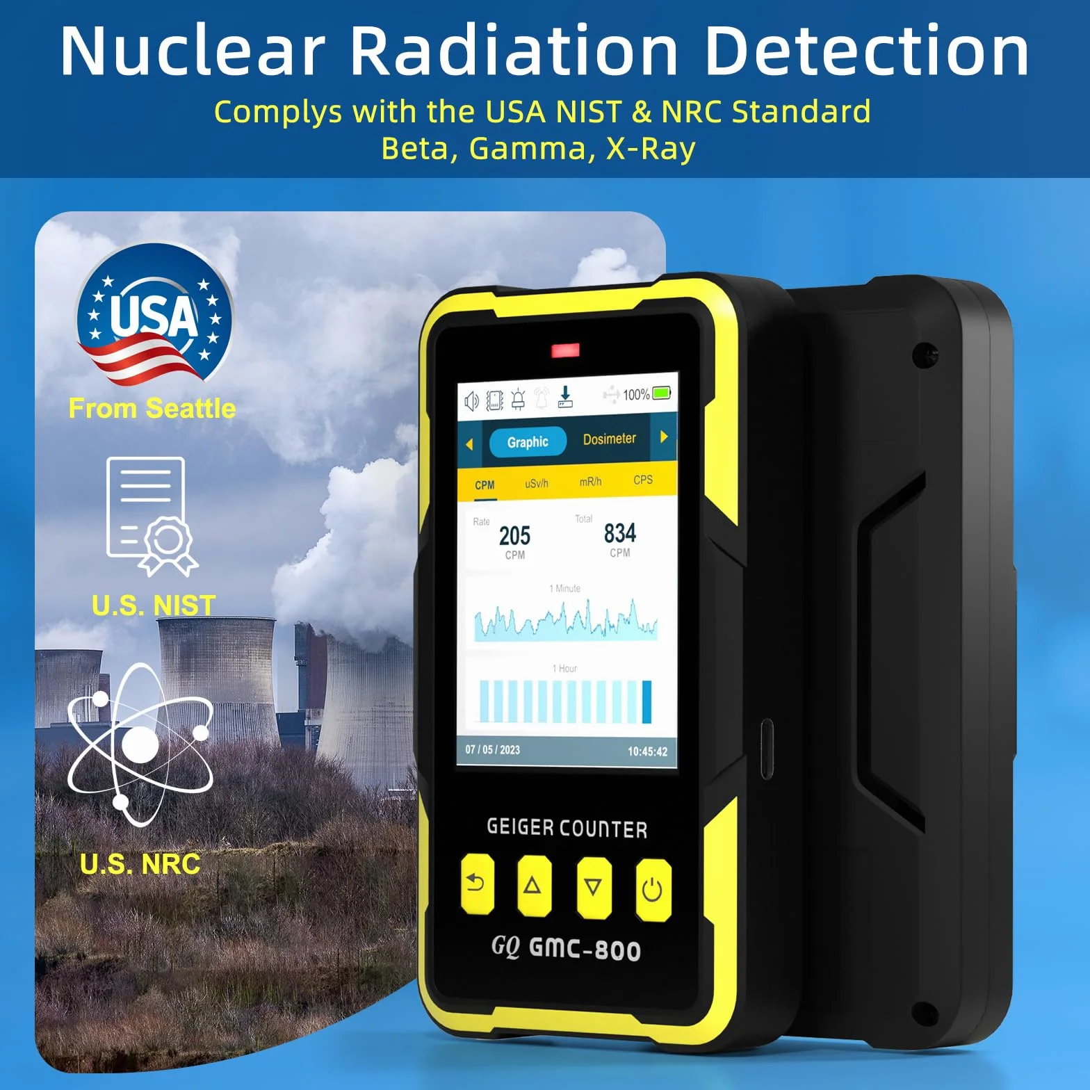 Detektor promieniowania jądrowego GQ GMC-800 US Design Produkt US National Standard Dosmeter Rejestrator danych & Globalny udział Beta Gamma X-ray Wielofunkcyjny licznik Geiger.