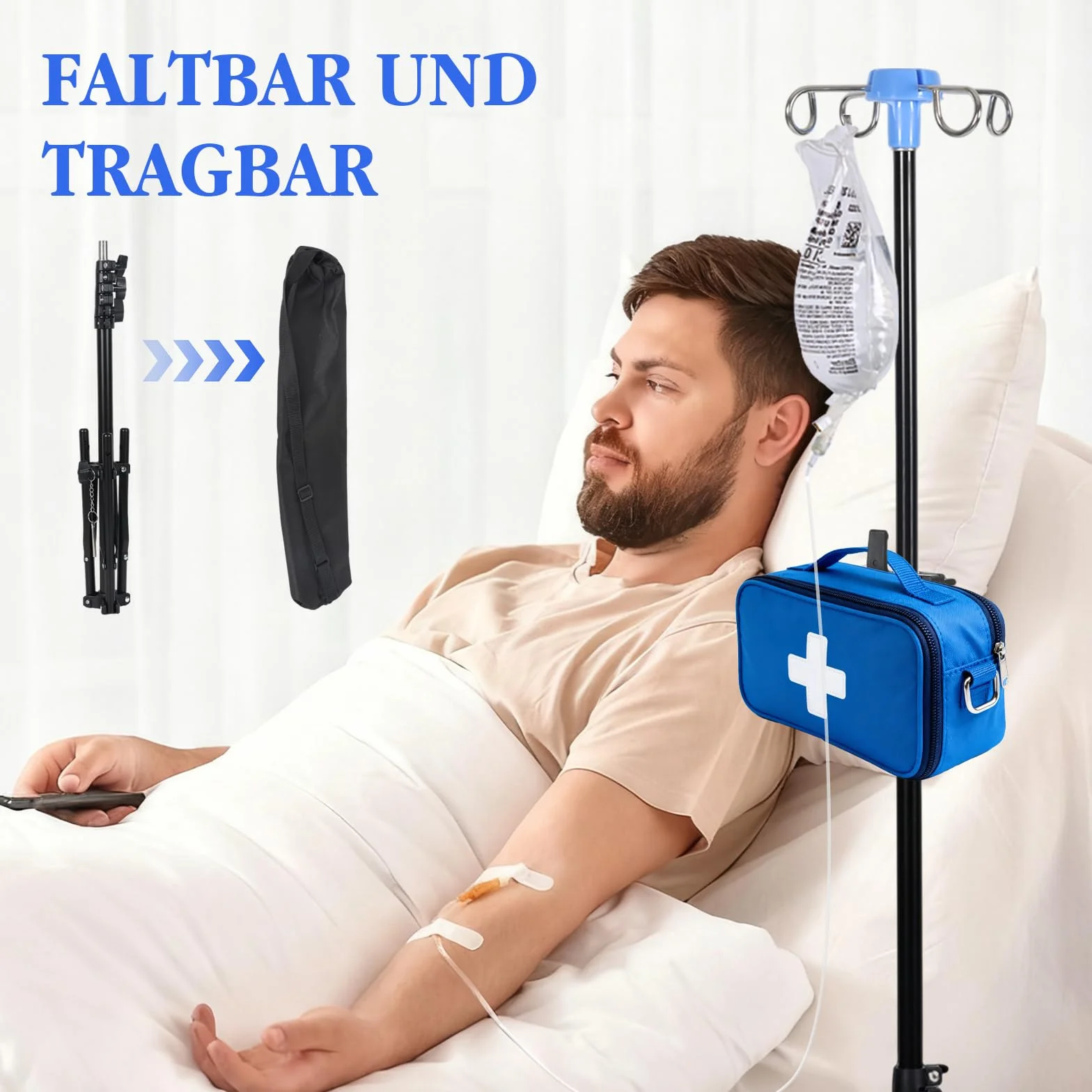 Stojak na infuzję z rolkami i haczykami, składany, z regulacją wysokości, stojak IV z 4 haczykami i 3 kółkami, przenośny stojak na infuzję do szpitala, pielęgnacji domu i w podróży (z haczykiem do