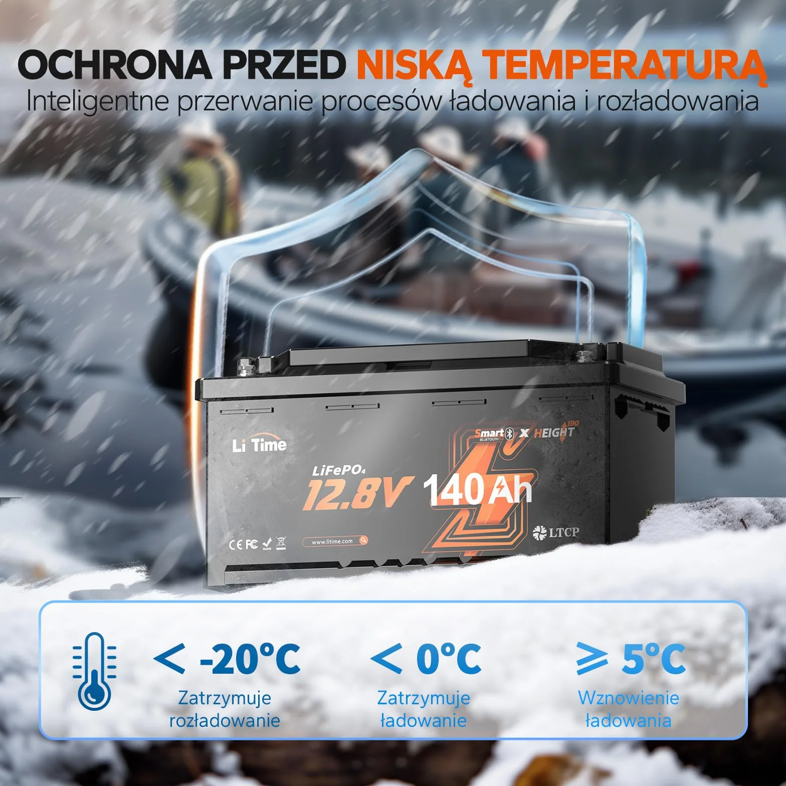 LiTime Bateria 12V 140Ah W190 LiFePO4 Bluetooth z ochroną przed niskimi temperaturami i 100A BMS, Ponad 4000 Cykli, Idealna Do Kamperów Wymiar DIN H8 L5 GROUP49