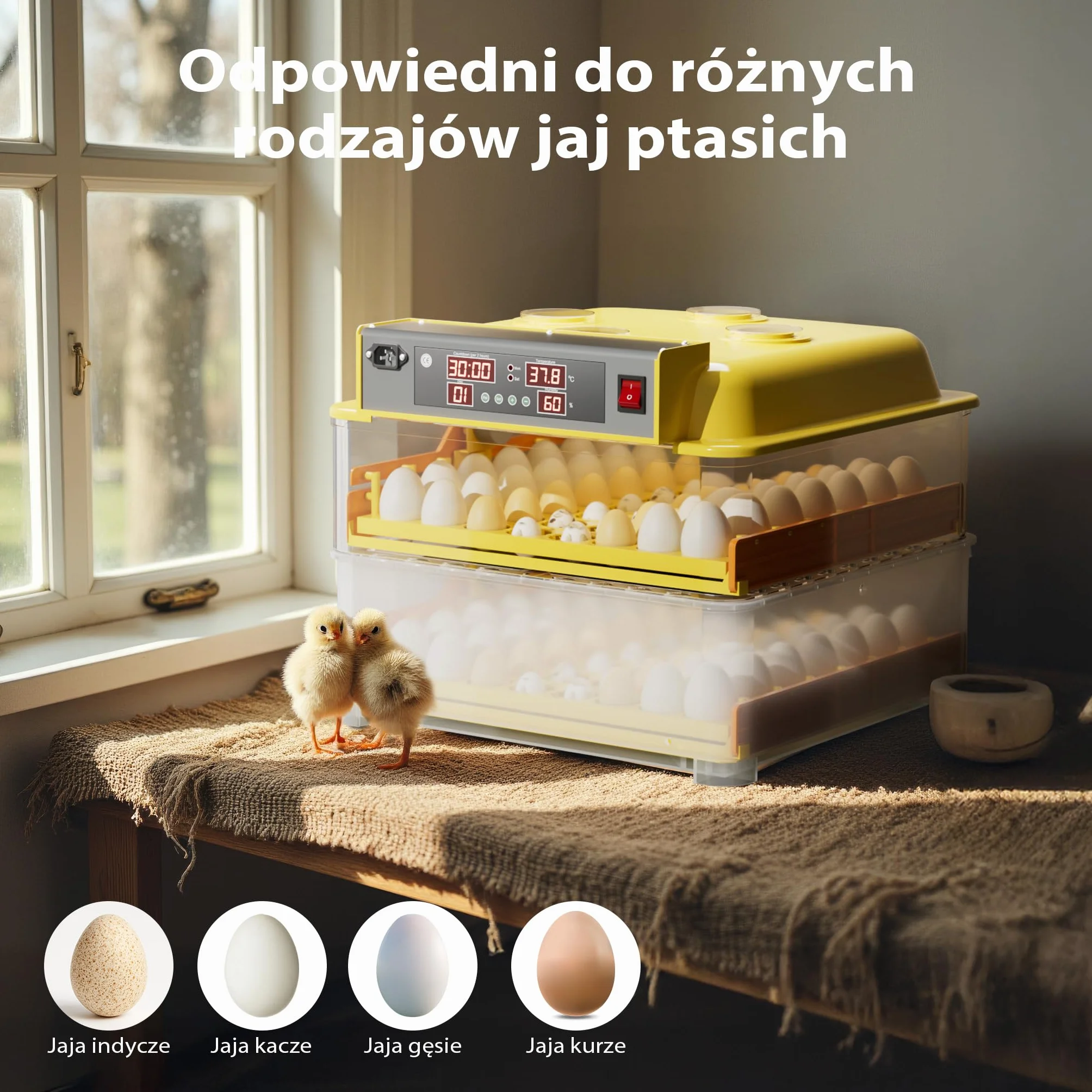 Wiltec automatyczny inkubator na 112 jaj, inkubator z w pełni automatycznym systemem obracania, inkubator z kontrolą temperatury i regulacją wilgotności, inkubator do jaj wylęgowych