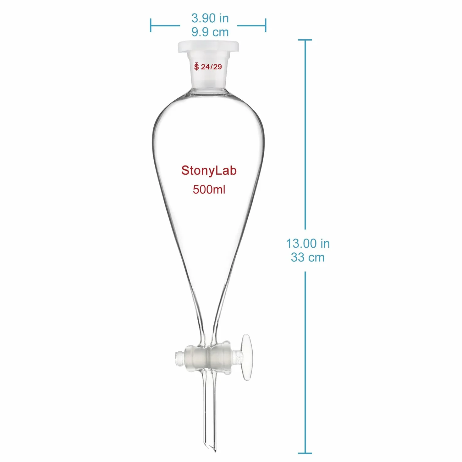 stonylab Rozdzielacz z Zaworem Szklanym, Lejek z Borokrzemianowego Szkła ze Złączem 24/29 do Precyzyjnego Rozdzielania Cieczy w Laboratorium, 500 ml