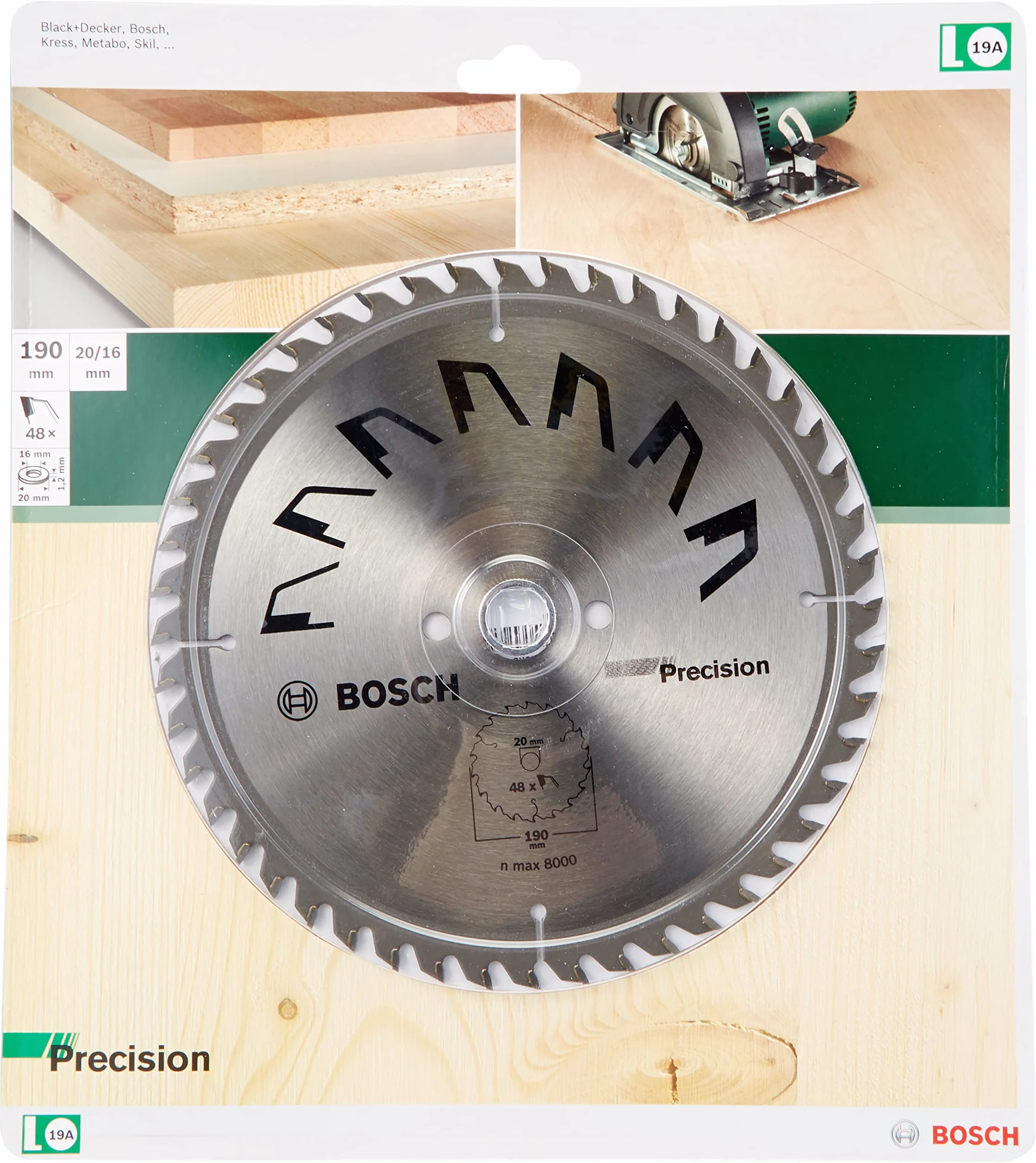 Bosch 1x Tarcza pilarska Precison (do Drewna, Ø 190 x 2.5/1.5 x 20/16 mm, 48 Zęby węglikowe, ATB, w tym 1x Pierścień redukcyjny 16 mm, Osprzęt pił tarczowych)