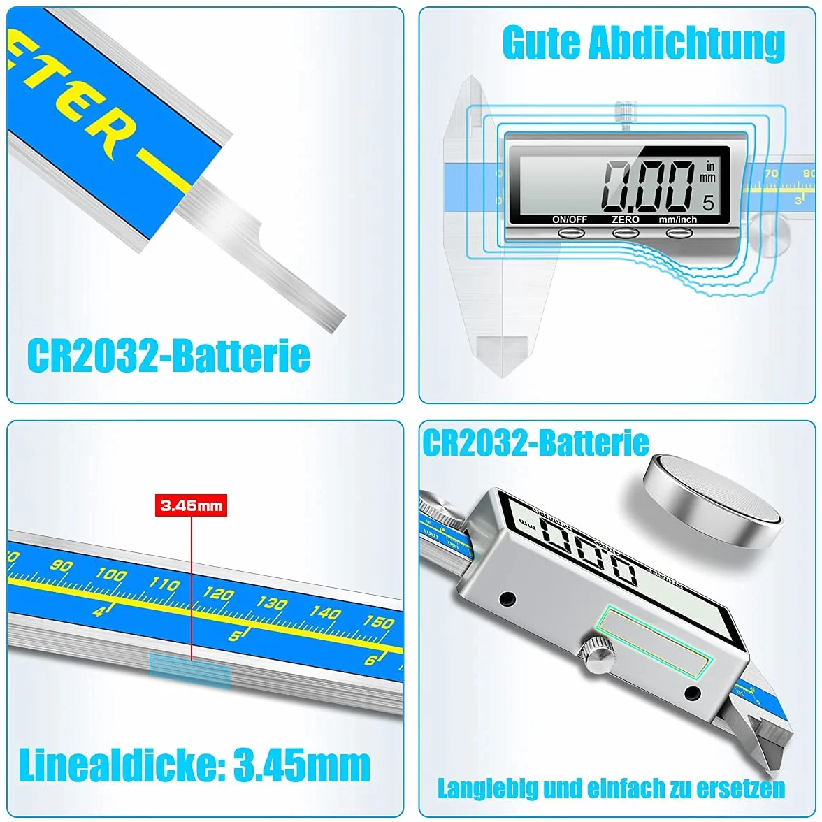 suwmiarka cyfrowa jakość przemysłowa Orthland suwmiarka cyfrowa 150 mm z dużym wyświetlaczem LCD, precyzyjny miernik głębokości, stal nierdzewna, analogowa, IP54, wodoszczelna, do użytku wewnątrz i na