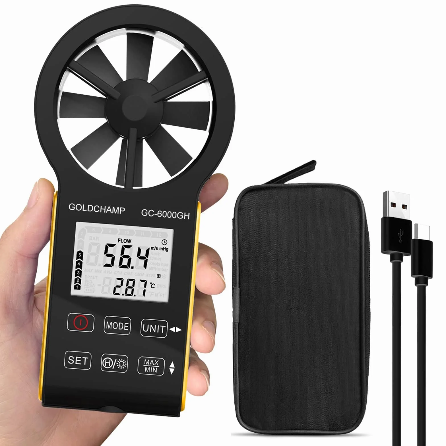 Anemometr cyfrowy, CFM Załadowywalny i wodoodporny anemometr Mierzy prędkość wiatru (0,3~30 m/s), objętość powietrza (0-999900 ft3/min) Ekran dotykowy, podświetlany wyświetlacz dla HVAC, strzelanie