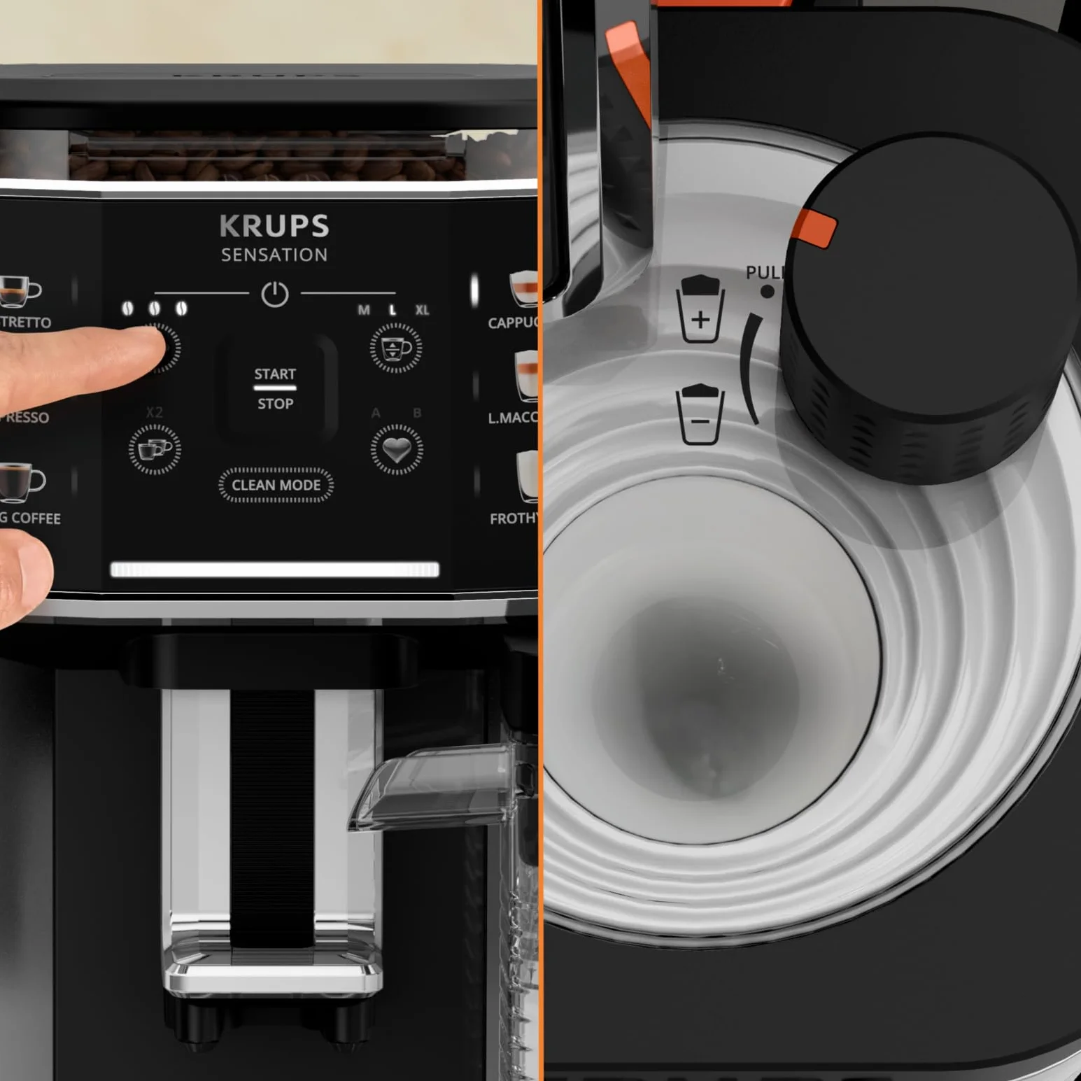 KRUPS EA912E Ekspres automatyczny SENSATION MILK M50 System Milk Maestro, 6 rodzajów kawy, wyświetlacz LED, system Thermoblock, automatyczne czyszczenie tabletką, stalowy młynek, czarno-srebrny