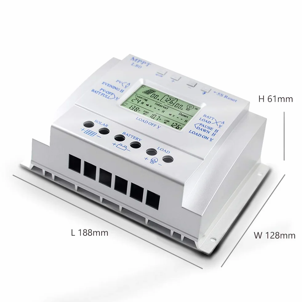 Kontroler ładowania słonecznego 80 A, regulator solarny 12 V/24 V, 80 A, dla maks. wejścia 48 V, ze sterowaniem światłem i timerem, wyjście USB 5 V