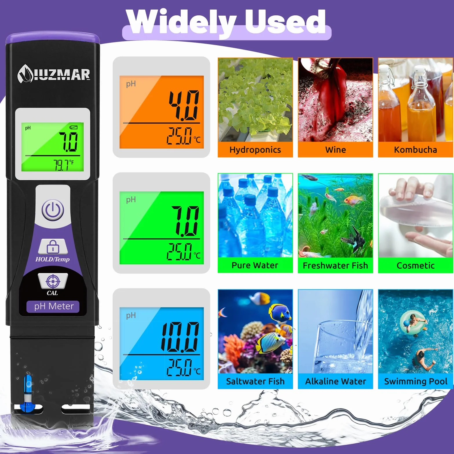 UIUZMAR Miernik pH wody, cyfrowy tester pH z kolorowym wyświetlaczem (kolor paska testowego pH) do uprawy wody, akwarium, basenu, pomiaru pH wody pitnej, hydroponiki, jacuzzi