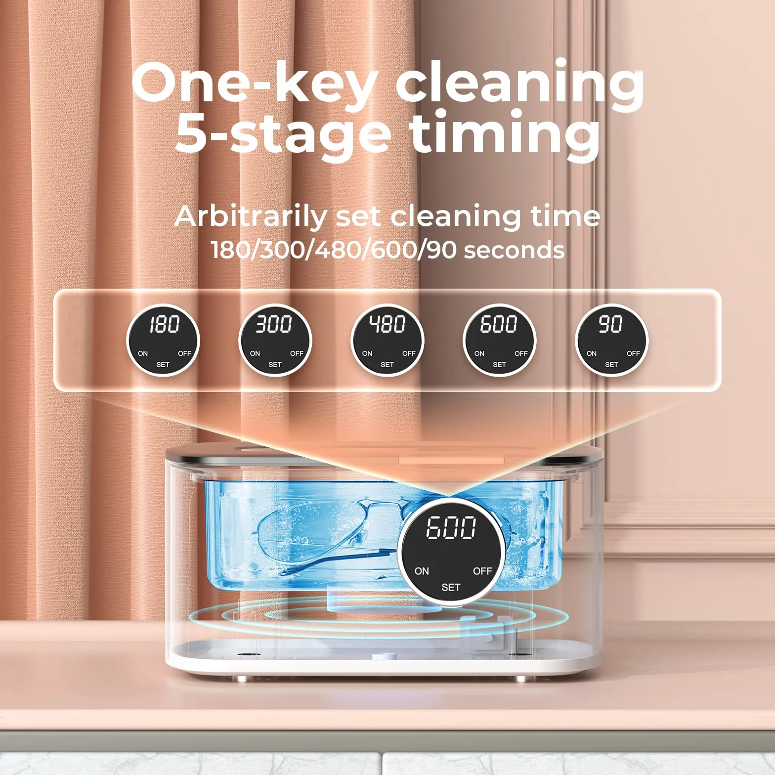 Ultrasonic Cleaner Ultradźwiękowe urządzenie czyszczące, ultrasoniczna myjka z 5 funkcjami czasowymi i cyfrowym wyświetlaczem, 600 ml, do okularów, biżuterii, zegarków, protez, plastik