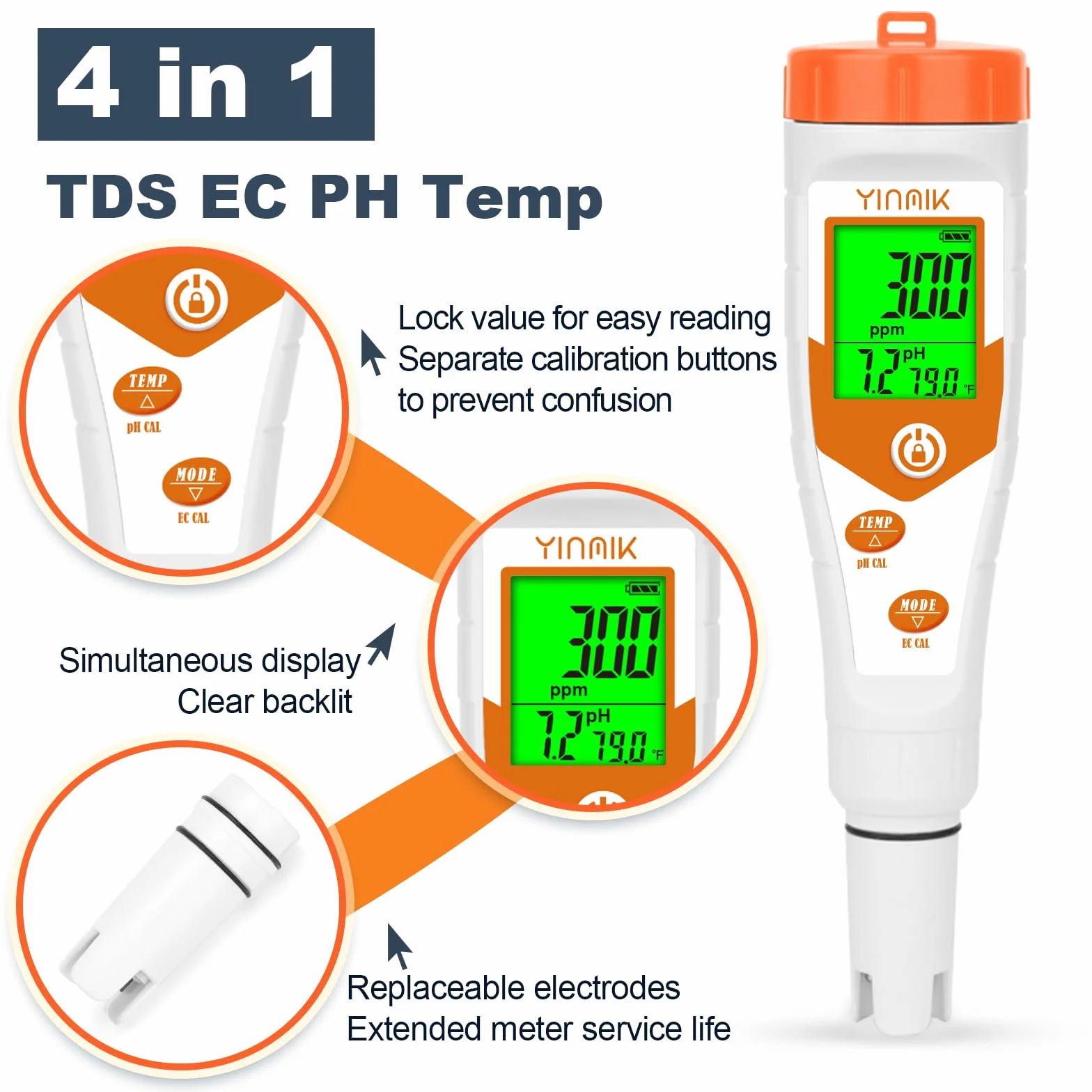 Miernik pH YINMIK 4 w 1 phmetr wyświetlanie jednoczesnego pH EC ppm woda monitoruje ciągłe pH temperatura przewodzący akwarium do basenów akwarium DWC woda ogrodowa hydroponika