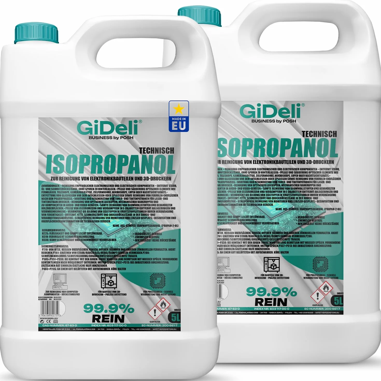 GiDeli Isopropanol Techniczny alkohol izopropylowy 99,9% 2 x 5 l – czyszczenie elementów elektronicznych i akcesoriów do drukarek 3D