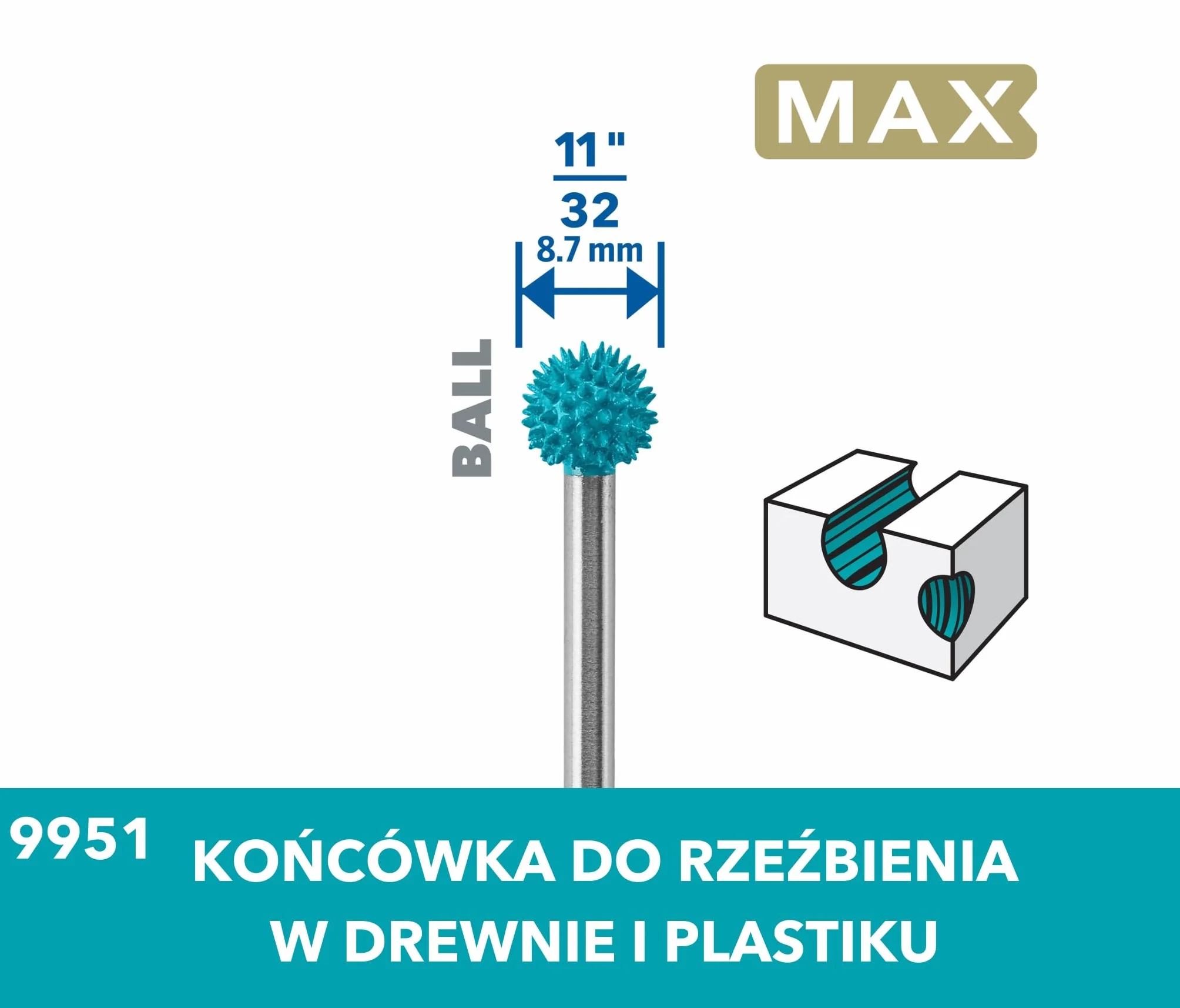 Dremel MAX Power Carving Bit 9951, stal nierdzewna, 9 mm, kulka