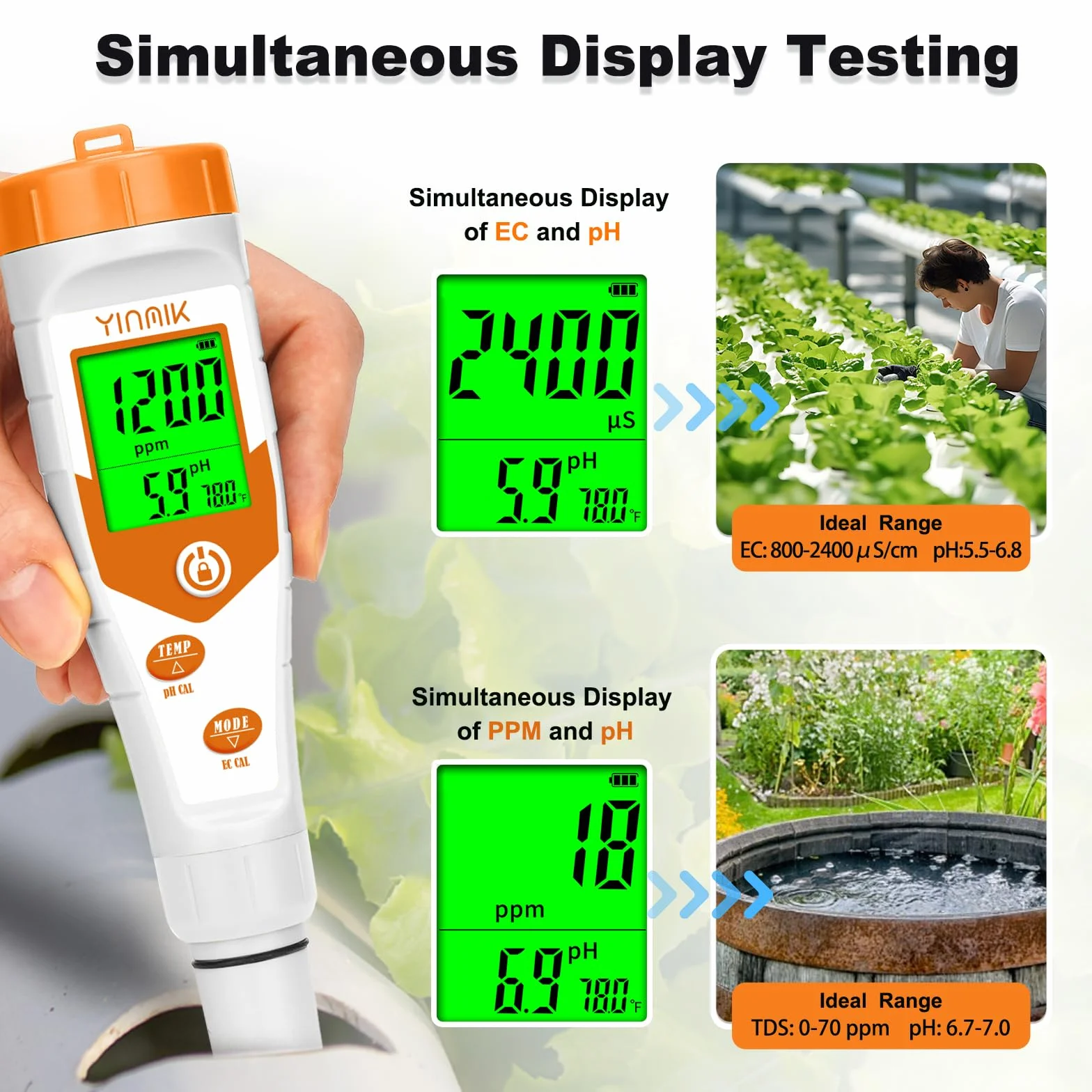 Miernik pH YINMIK 4 w 1 phmetr wyświetlanie jednoczesnego pH EC ppm woda monitoruje ciągłe pH temperatura przewodzący akwarium do basenów akwarium DWC woda ogrodowa hydroponika