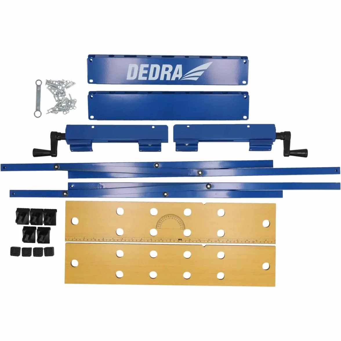 Dedra N111 – składany stół warsztatowy 100 kg, stal + płyta MDF 18 mm, regulacja szerokości blatu, zaciski w zestawie, wysokość 76 cm, długość 56 cm