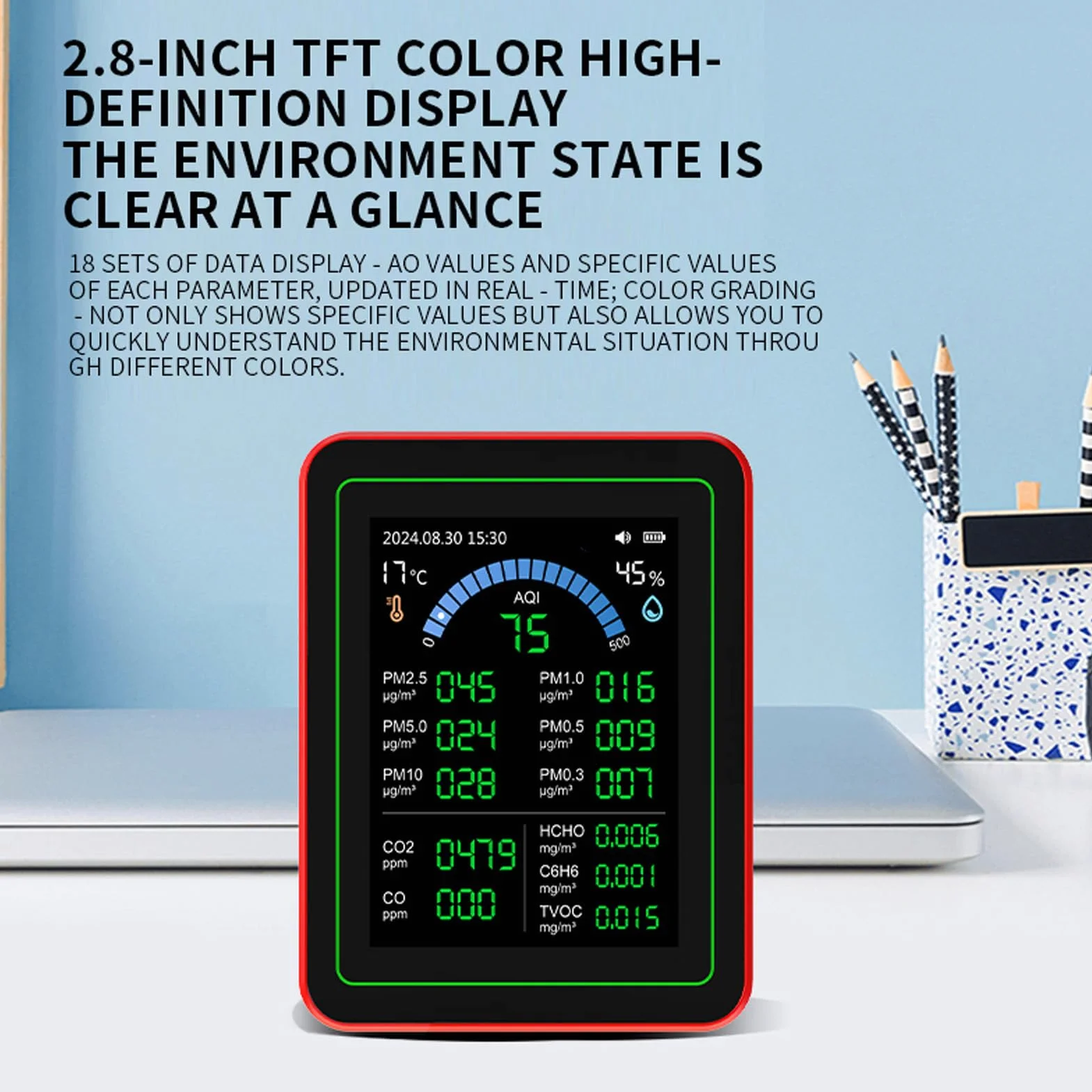 Monitor Jakości Powietrza 18 w 1, CO2, HCHO, TVOC, PM2.5, PM10, PM1.0, PM0.3, PM5.0