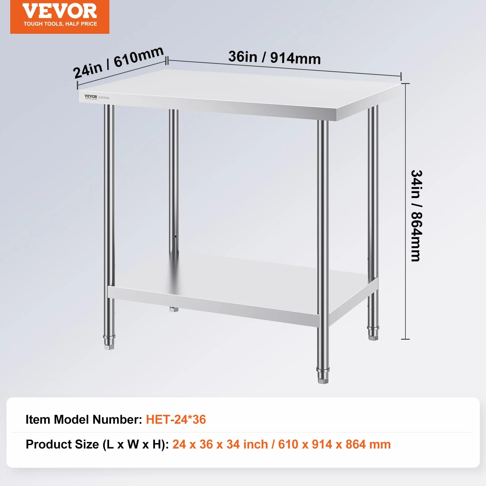 VEVOR Wytrzymały metalowy stół roboczy z 3 regulowanymi poziomami wysokości, do kuchni, garażu, restauracji, na podwórko, 61 x 81 x 81 cm, srebrny