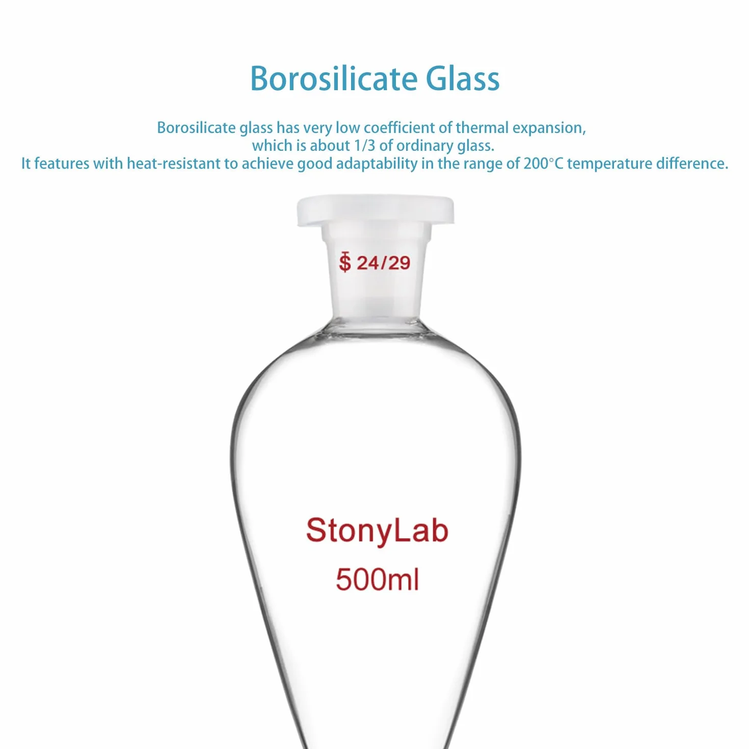 stonylab Rozdzielacz z Zaworem Szklanym, Lejek z Borokrzemianowego Szkła ze Złączem 24/29 do Precyzyjnego Rozdzielania Cieczy w Laboratorium, 500 ml