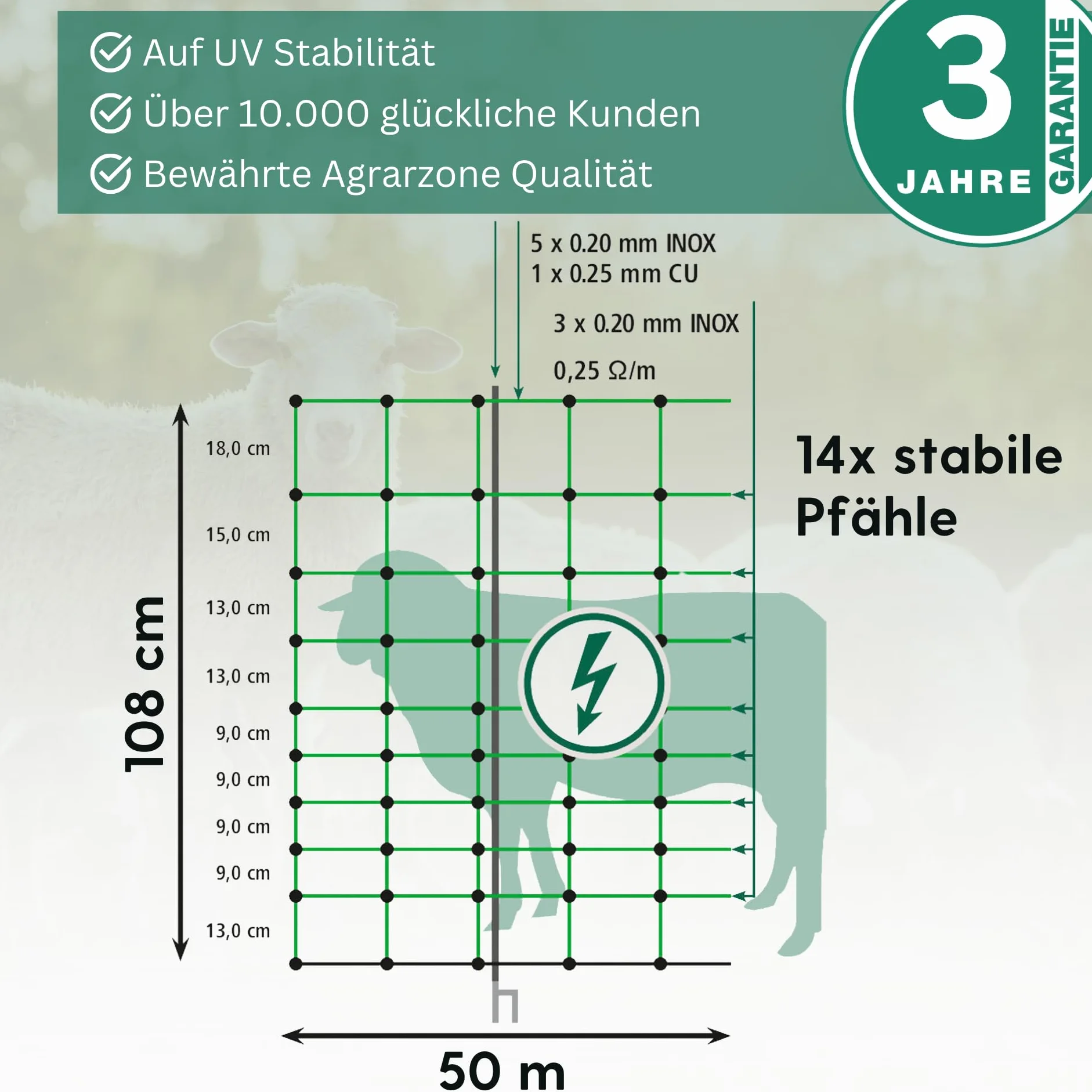Agrarzone siatka dla owiec ogrodzenie elektryczne dla owiec zielone 50m x 108cm | Elektryczne ogrodzenie pastwiska z podwójnym szpikulcem i palikami | Ogrodzenie ochronne dla owiec kóz jagniąt