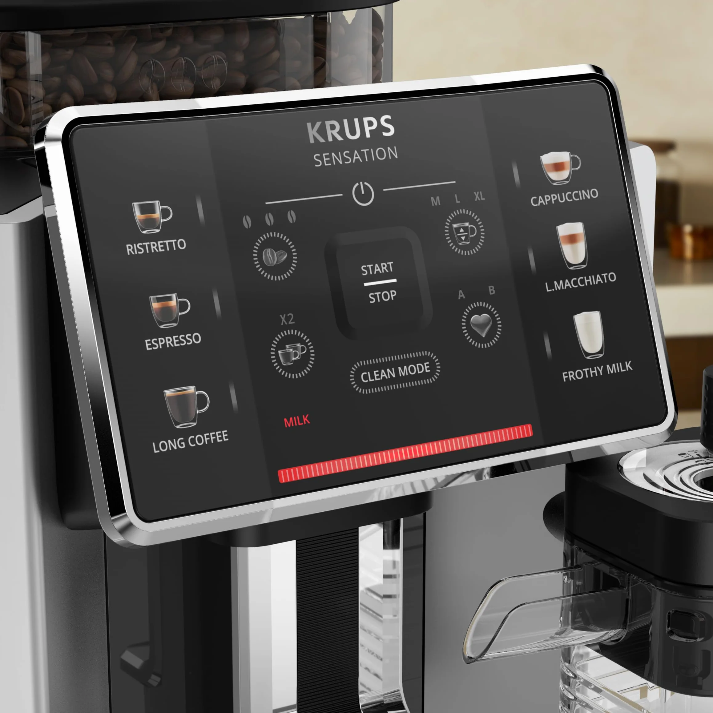 KRUPS EA912E Ekspres automatyczny SENSATION MILK M50 System Milk Maestro, 6 rodzajów kawy, wyświetlacz LED, system Thermoblock, automatyczne czyszczenie tabletką, stalowy młynek, czarno-srebrny