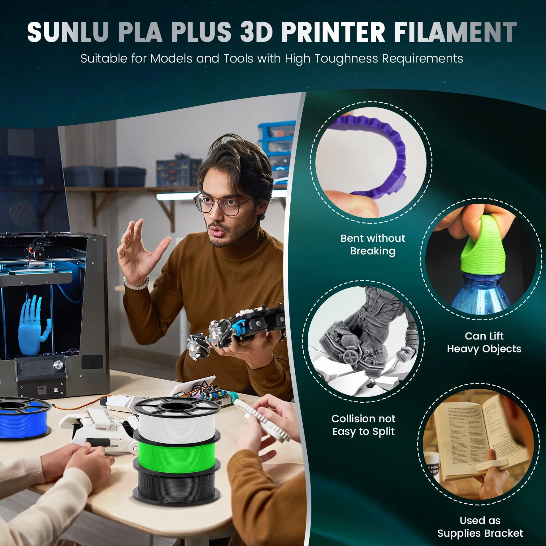 SUNLU 5KG PLA+ Filament Pakiet, Filament PLA Plus Drukarki 3D 1,75 mm ± 0,02 mm, 1 kg na Szpulę, 5 Rolki, Czarny+Biały+Szary+Niebieski+Czerwony