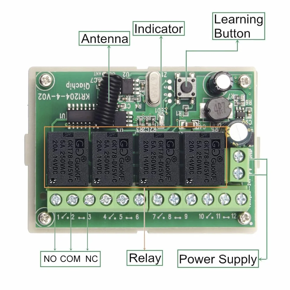 QIACHIP Przełącznik zdalnego sterowania DC 12 V, 24 V, 4CH 433 Mhz RF, moduł odbiornika bezprzewodowego z 4 nadajnikami, do bagażnika ciężarówki, silnika, garażu, zamka elektrycznego