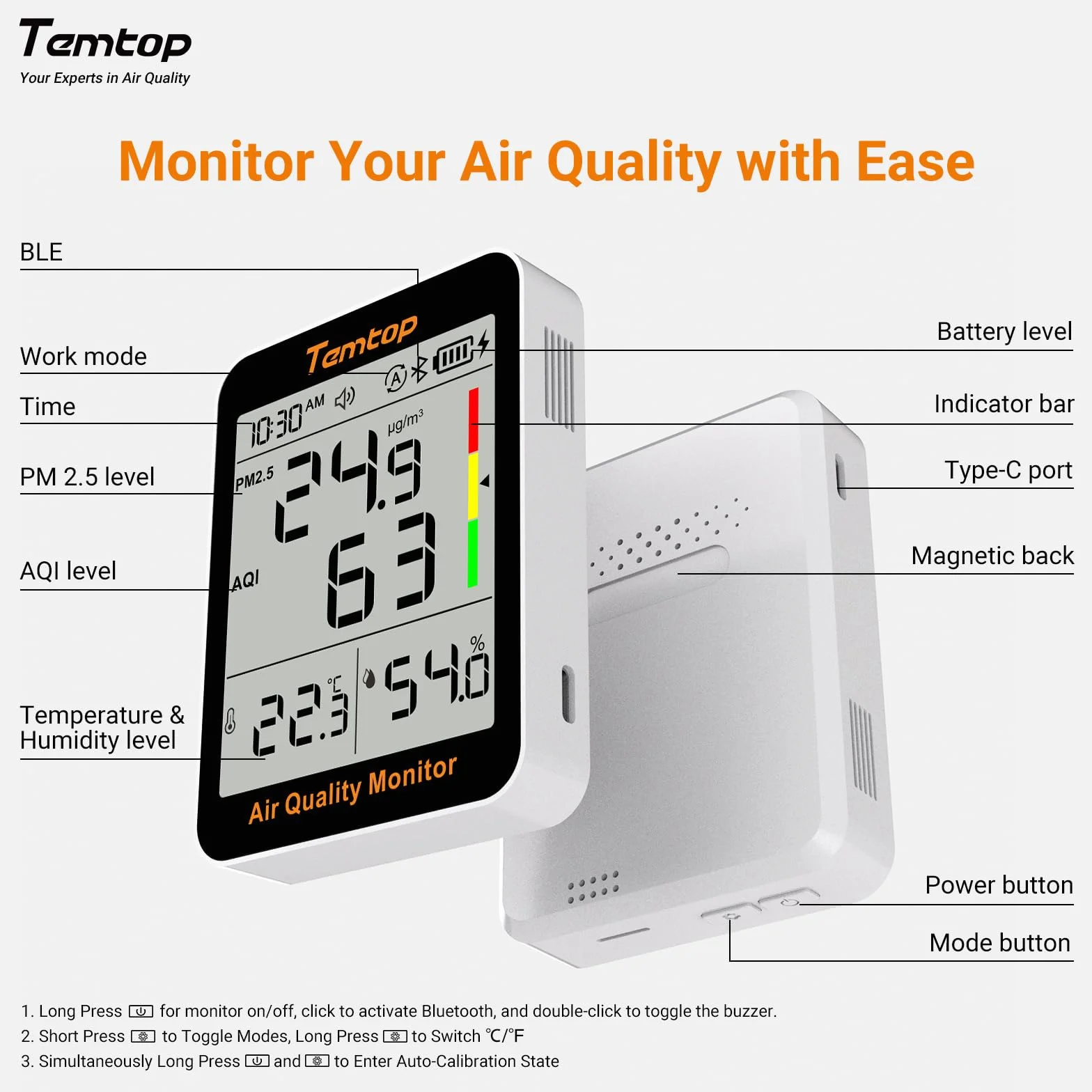 Temtop S1+ Monitor jakości powietrza PM2.5 Bluetooth termohigrometr cyfrowy