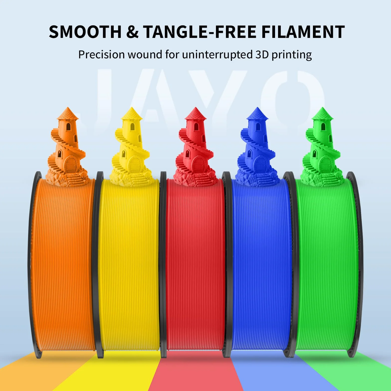 JAYO Filament PLA 1,75 mm, 4,4 kg, Zestaw filamentów PLA do drukarki 3D, 1,1 kg na szpulę, 4 szpule, wielokolorowy, do większości drukarek 3D FDM (czerwony, niebieski, żółty, pomarańczowy)