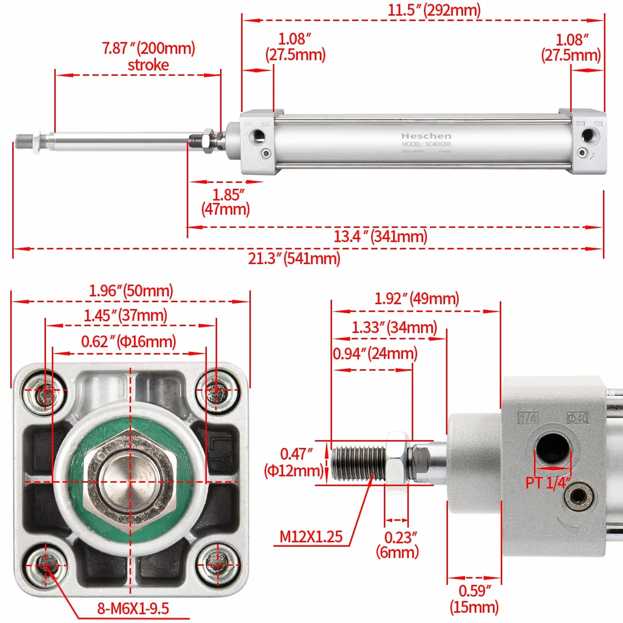 Heschen cylinder pneumatyczny SC 40-200 PT1/4 40 mm otwór 200 mm skok podwójne działanie