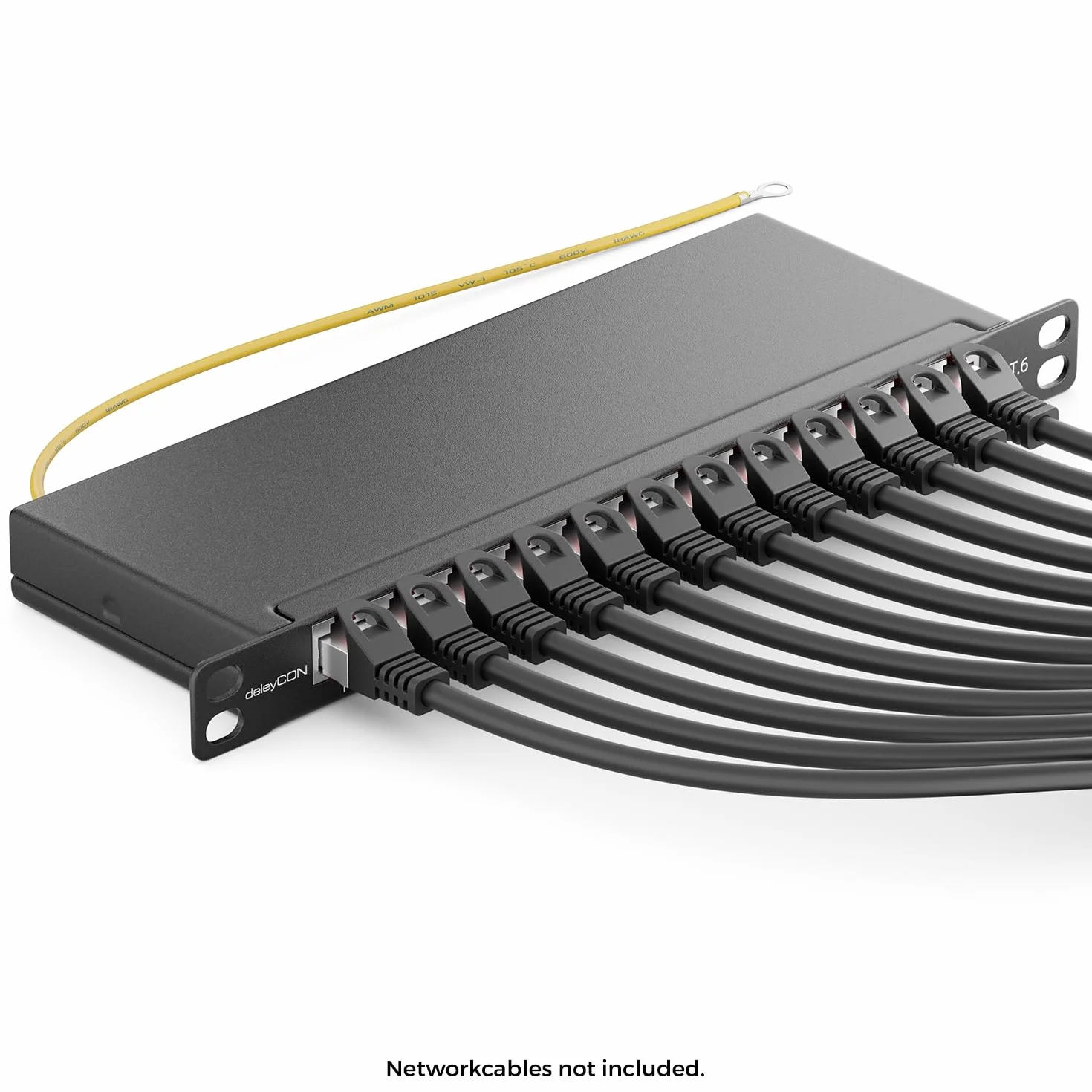 deleyCON CAT 6 0.5U Patch Panel Mini Patch Panel 12 Portów - Desktop 10 Cali Montaż w Szafie Serwerowej RJ45 Ekranowany TIA568A TIA568B RAL 9005 Czarny