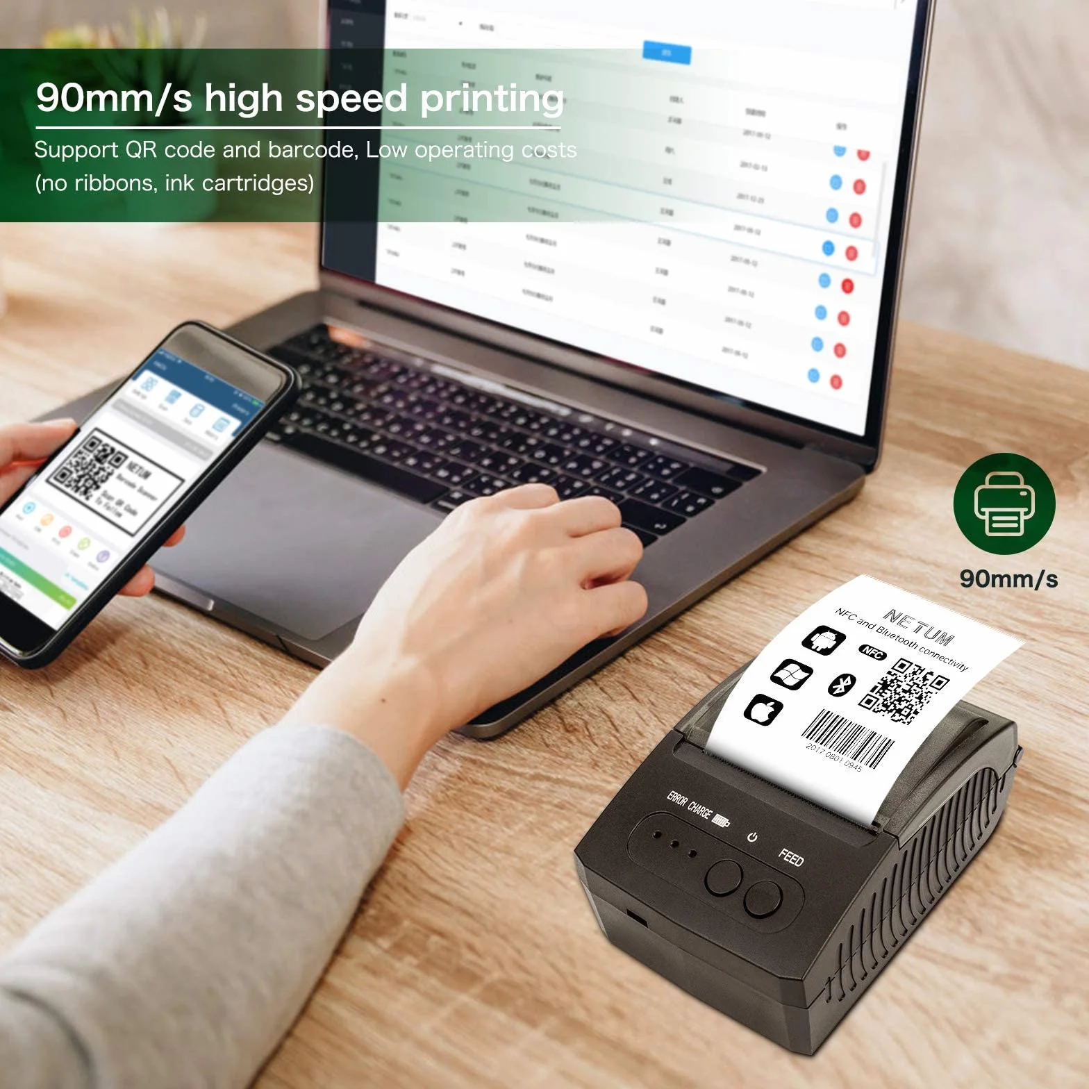 NETUM Drukarka pokwitowań Bluetooth, przenośna mini termiczna drukarka POS 58 mm bez etui, kompatybilna z systemem Android/Windows