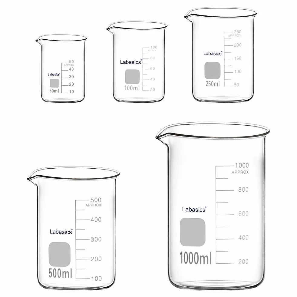 Labasics Zestaw szklanych zlewek ze szkła borokrzemowego miksowanego niskoformatowego do 5 rozmiarów, 50 ml/100 ml/250 ml/500 ml/1000 ml (1 l), zestaw combo