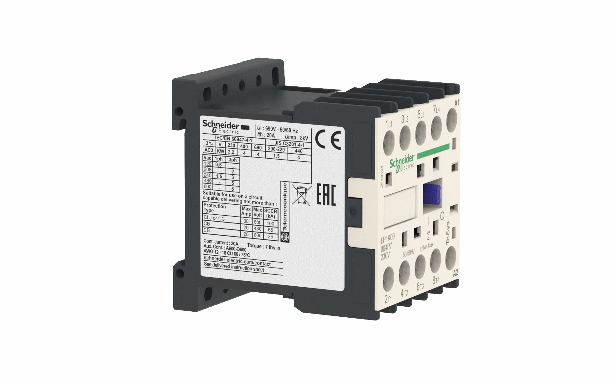 Schneider LC1K09004P7 stycznik mocowy, 4P, 20A/AC1, szpula 230V 50/60Hz