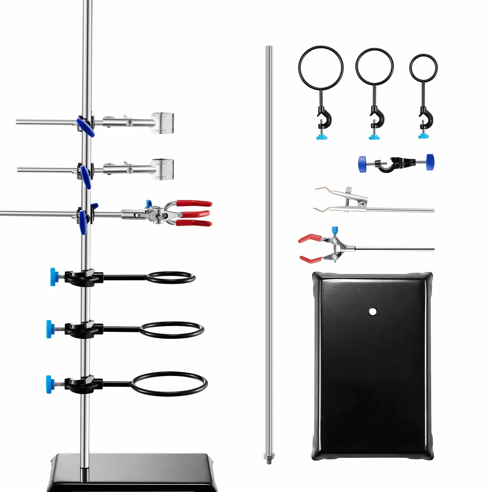 VEVOR Stojak laboratoryjny, zestaw stojaków laboratoryjnych, stalowy stojak laboratoryjny o średnicy 60 cm i żeliwna podstawa 21 cm x 14,5 cm, zawiera zaciski do piersi, zacisk do biurety i zaciski