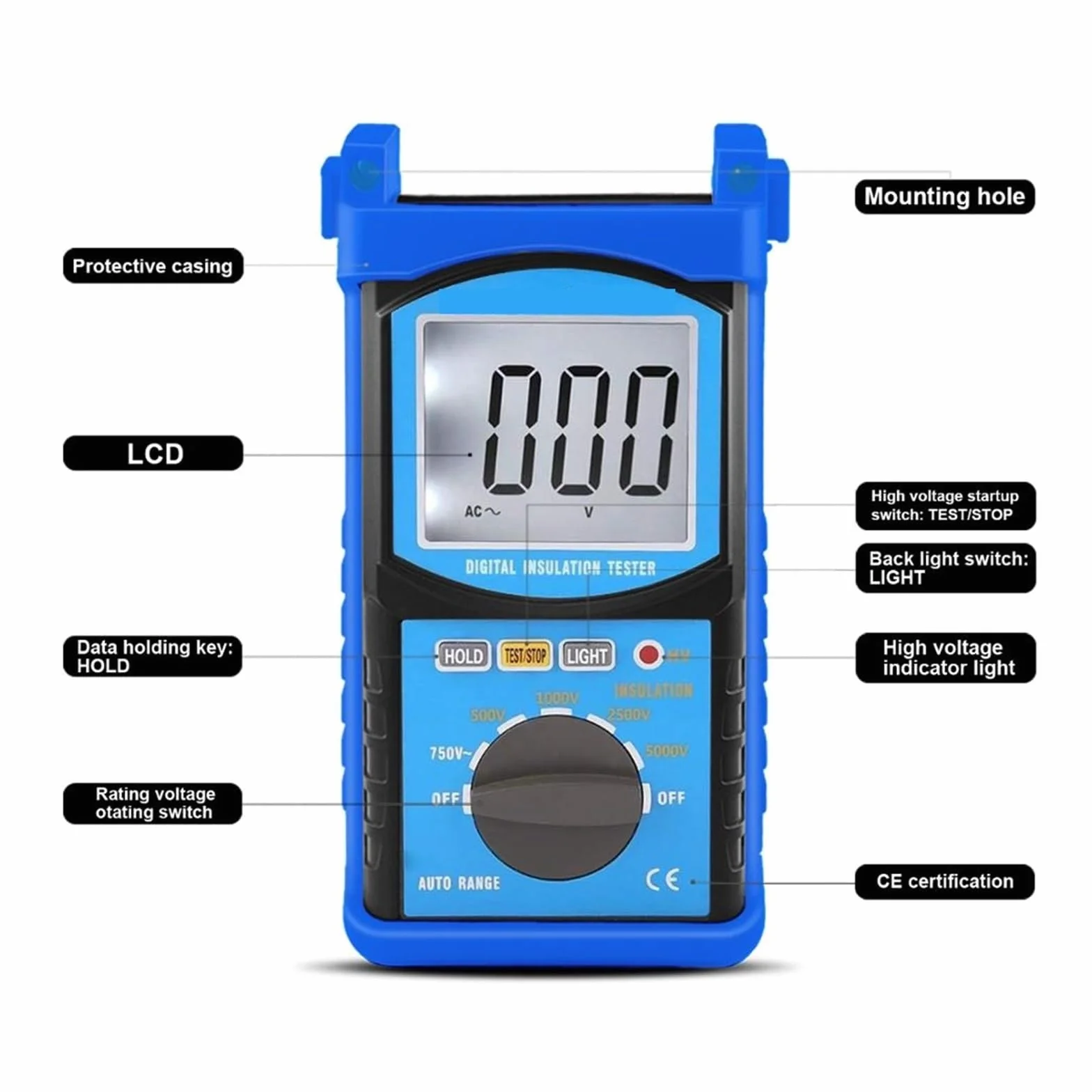 Multimetr cyfrowy Tester rezystancji izolacji 200MΩ Megametr Cyfrowy ręczny miernik 5000V Auto Range Izolowany antymagnetyczny dla precyzyjnych wyników