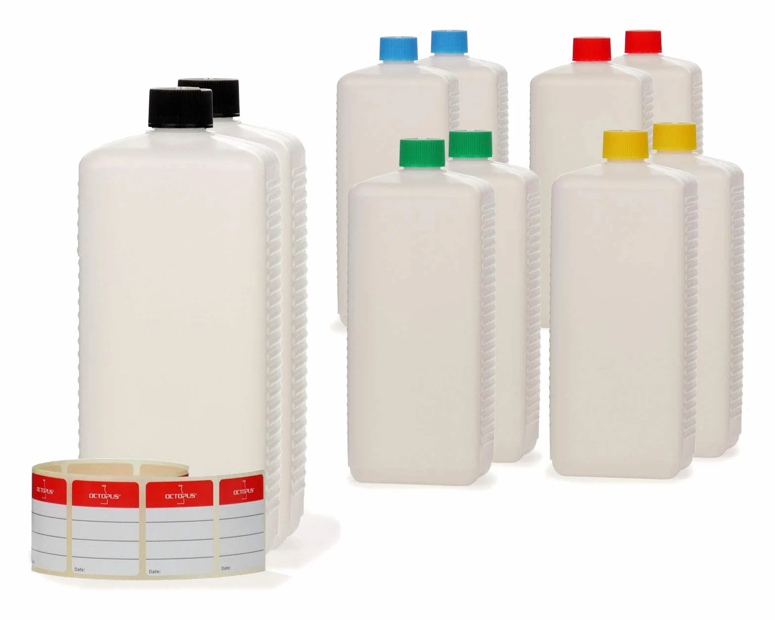 Octopus 10 x 1000 ml butelki z tworzywa sztucznego butelka HDPE z kolorowymi zakrętkami