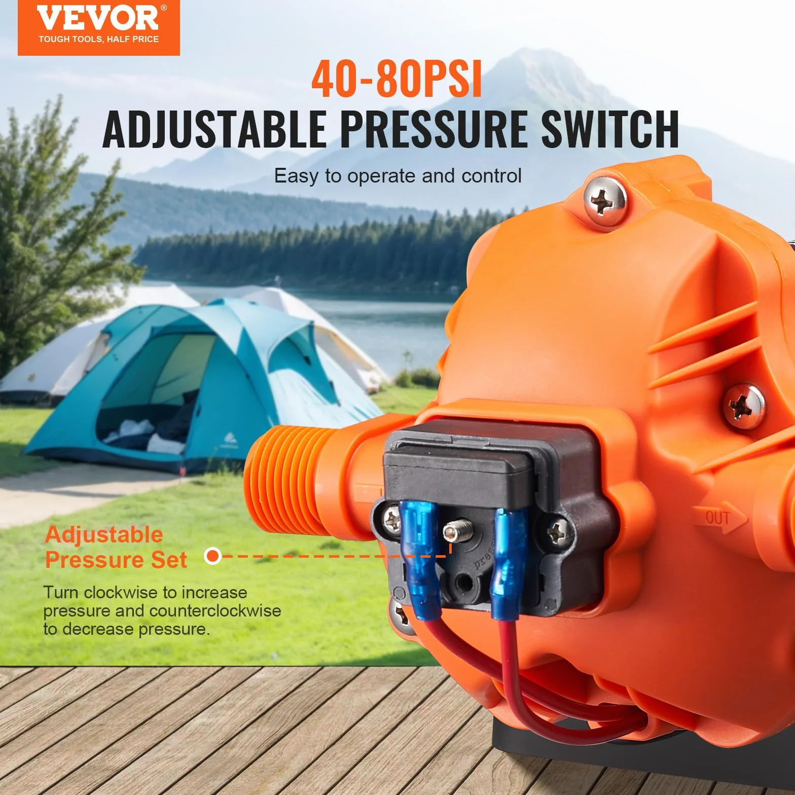 VEVOR Pompa membranowa 12 V, 1,8 GPM, 6,81 l/min, 3-komorowa pompa wodna 12 V DC z automatycznym wyłącznikiem ciśnienia 40 – 100 PSI, 60 PSI, port MNPT do kamperów, jachtów, kamperów, kamperów, łodzi