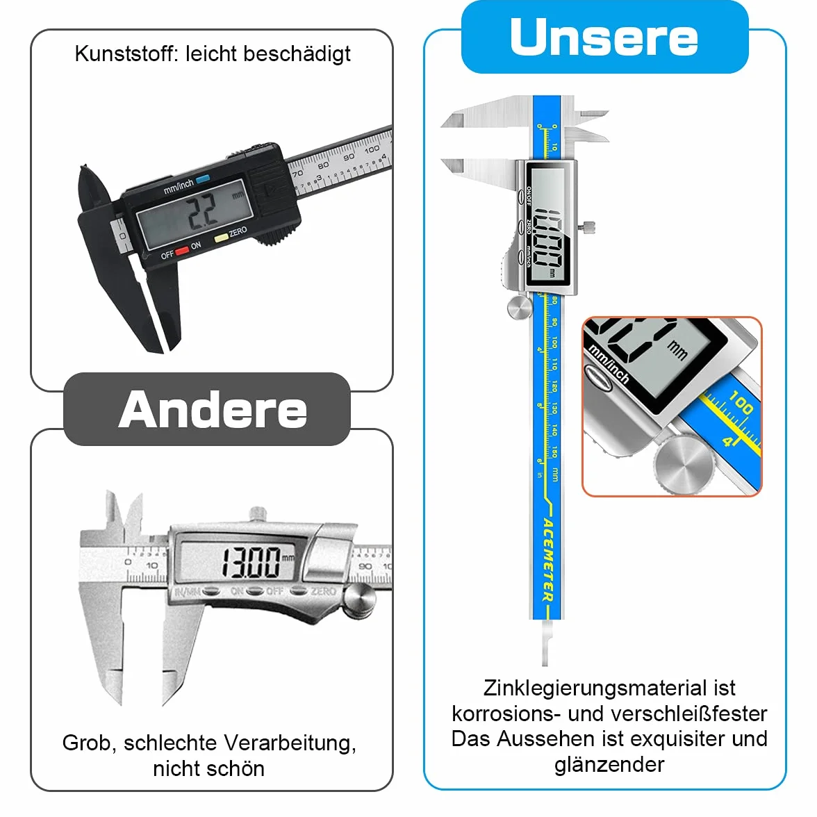suwmiarka cyfrowa jakość przemysłowa Orthland suwmiarka cyfrowa 150 mm z dużym wyświetlaczem LCD, precyzyjny miernik głębokości, stal nierdzewna, analogowa, IP54, wodoszczelna, do użytku wewnątrz i na