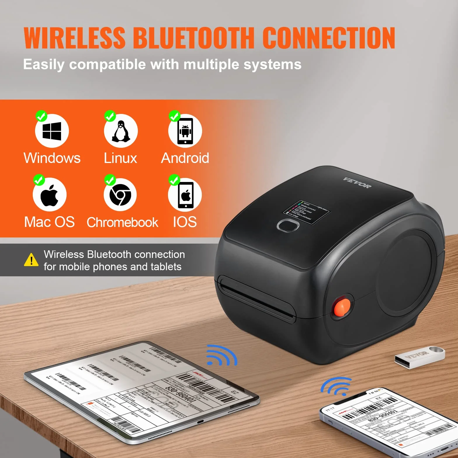 VEVOR Drukarka termiczna Bluetooth, drukarka etykiet Edesive 4x6, etykieciarka termiczna kompatybilna z Windows/MAC OS/Linux/Chromebook, obsługuje DHL, USPS, FedEx, Shopify, Ebay, Amazon itp.